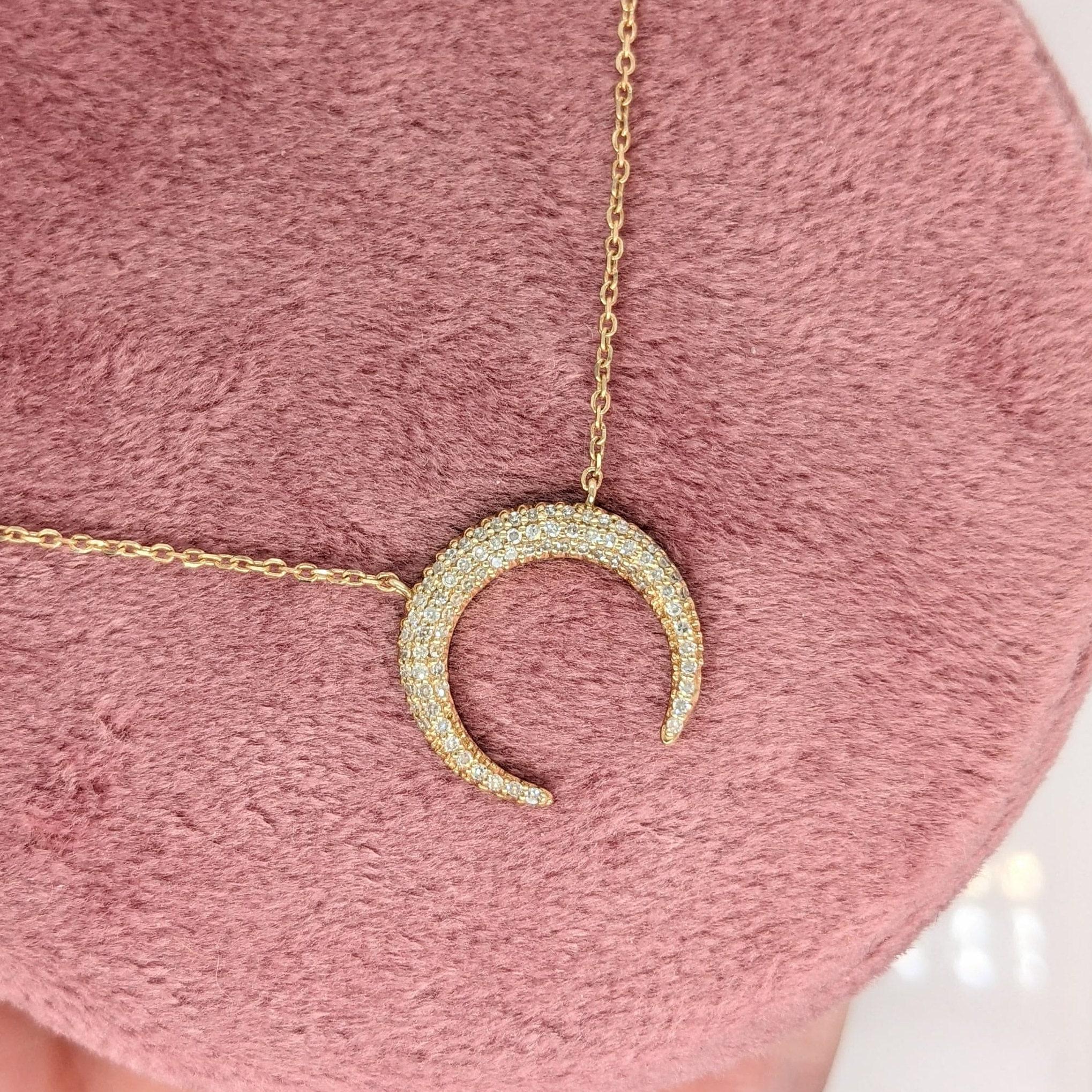 Crescent Moon Pendant Cast with Solid 14k Yellow Gold with Natural Diamonds