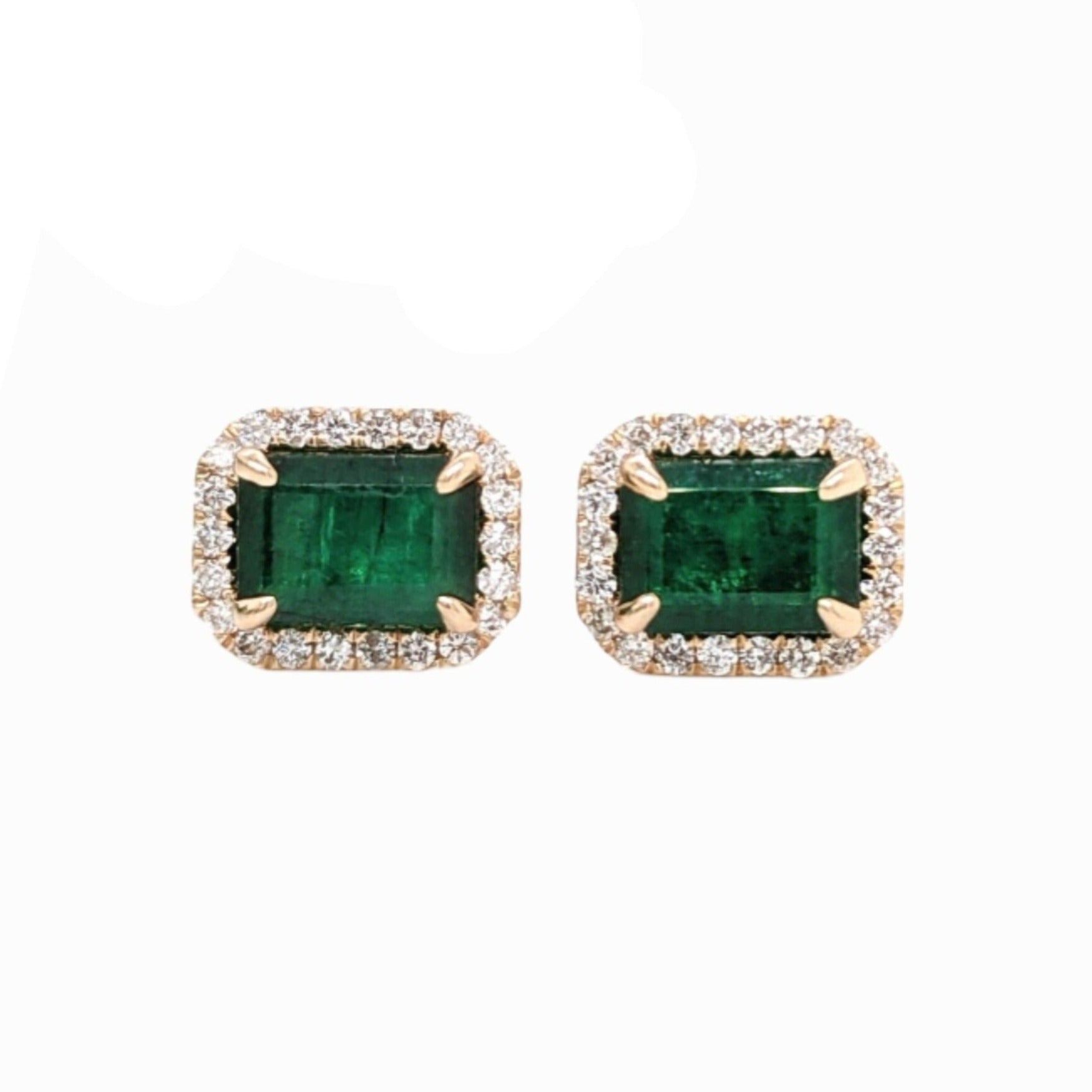 Forest Green Emerald Studs with a Diamond Halo in Solid 14K White Gold | 7x5mm