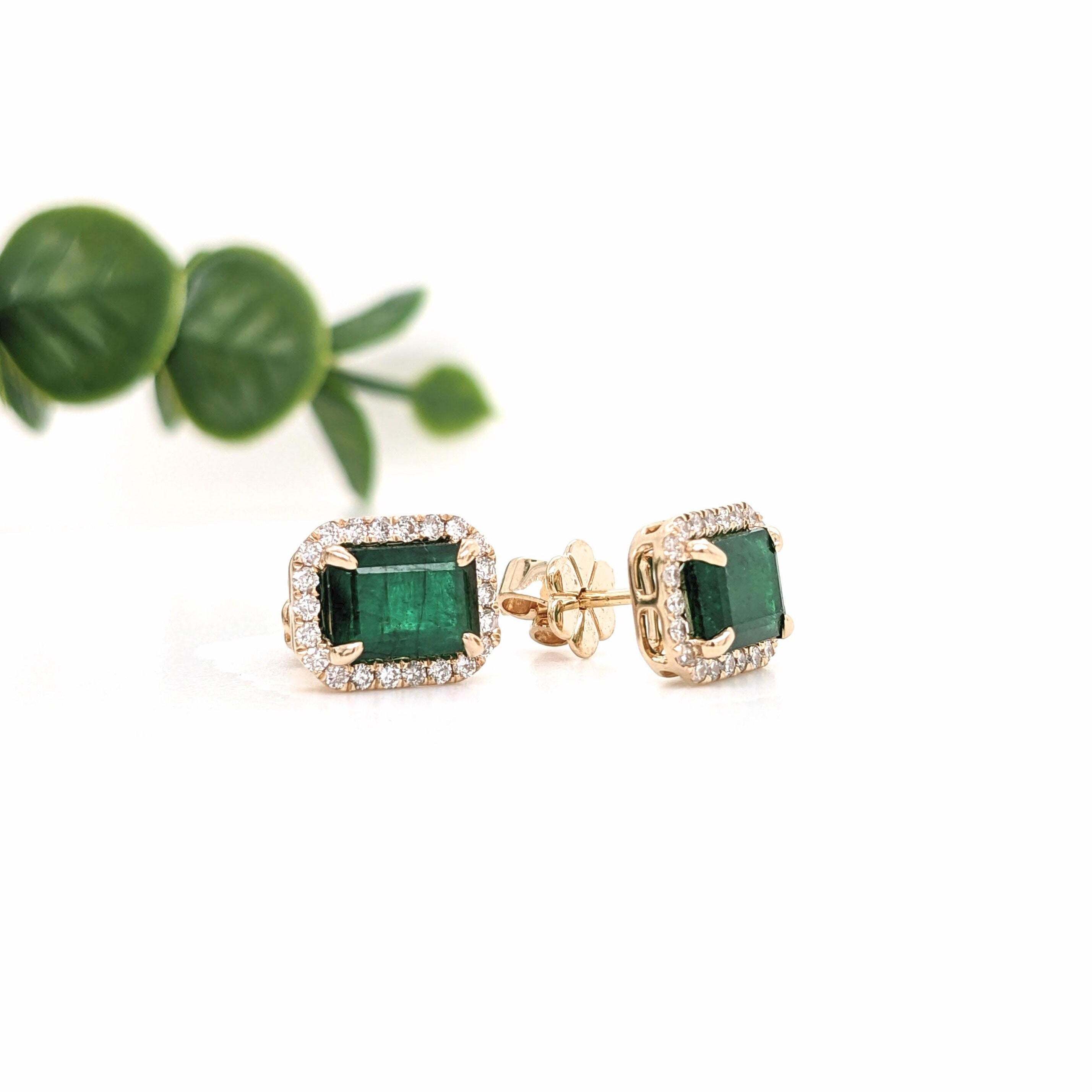 Forest Green Emerald Studs with a Diamond Halo in Solid 14K White Gold | 7x5mm