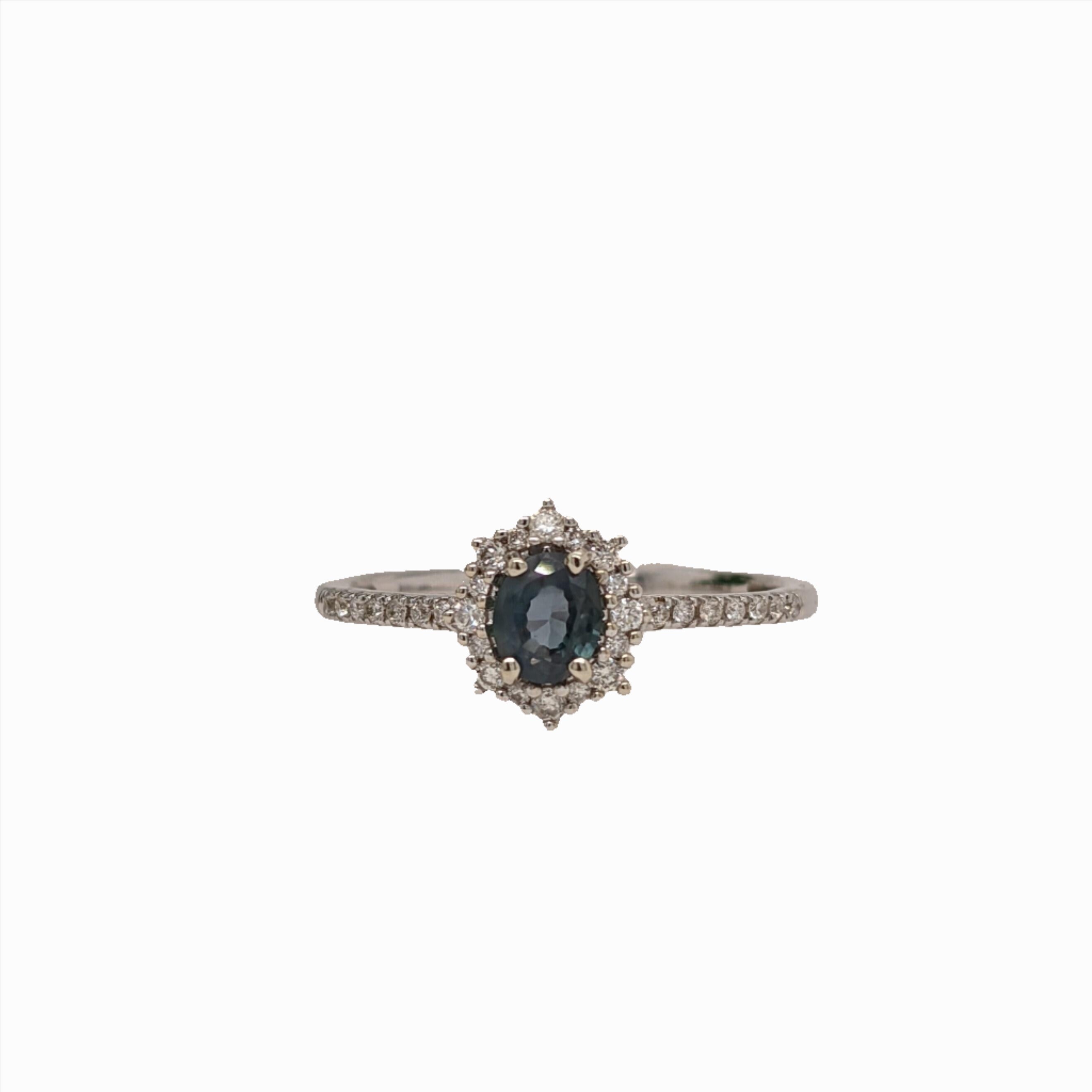 Natural Alexandrite Ring w Diamond Halo in Solid 14k White Gold Oval 5x3.5mm