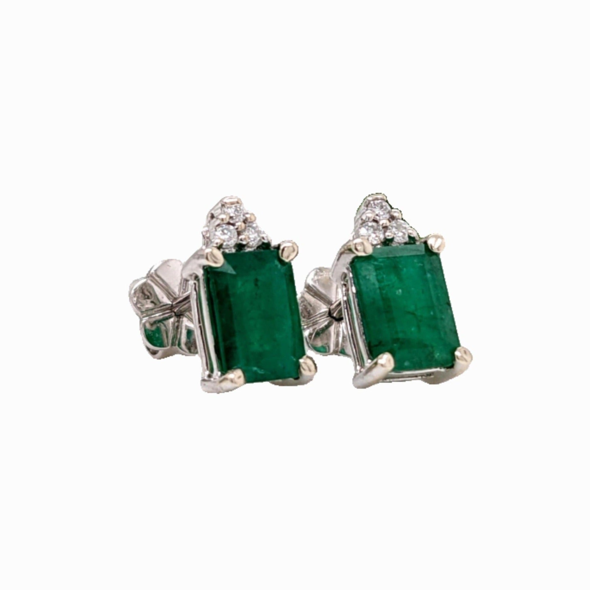 Natural Emerald Stud w a Trio of Diamonds in 14k Solid Gold | Emerald Cut 7x5mm
