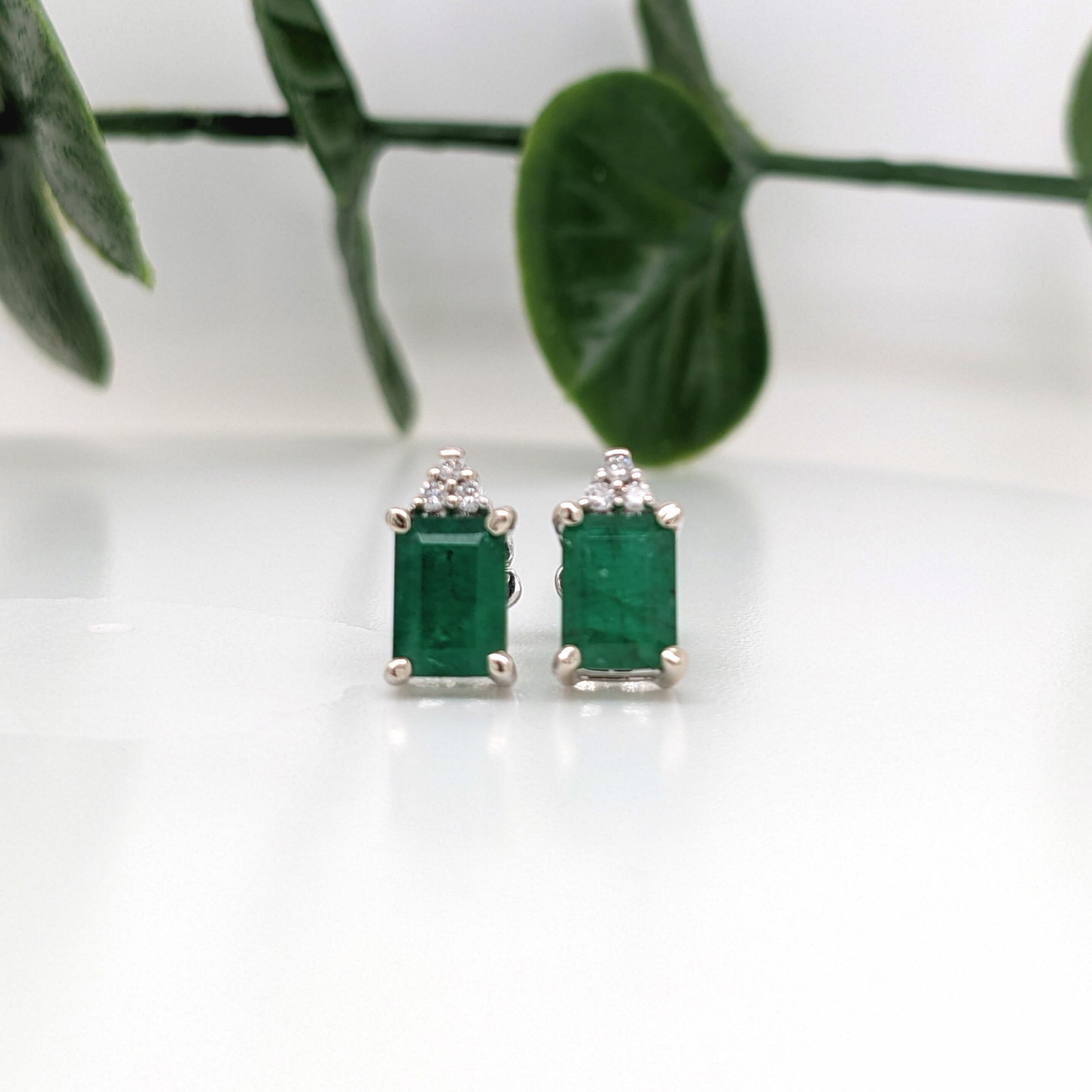 Natural Emerald Stud w a Trio of Diamonds in 14k Solid Gold | Emerald Cut 7x5mm