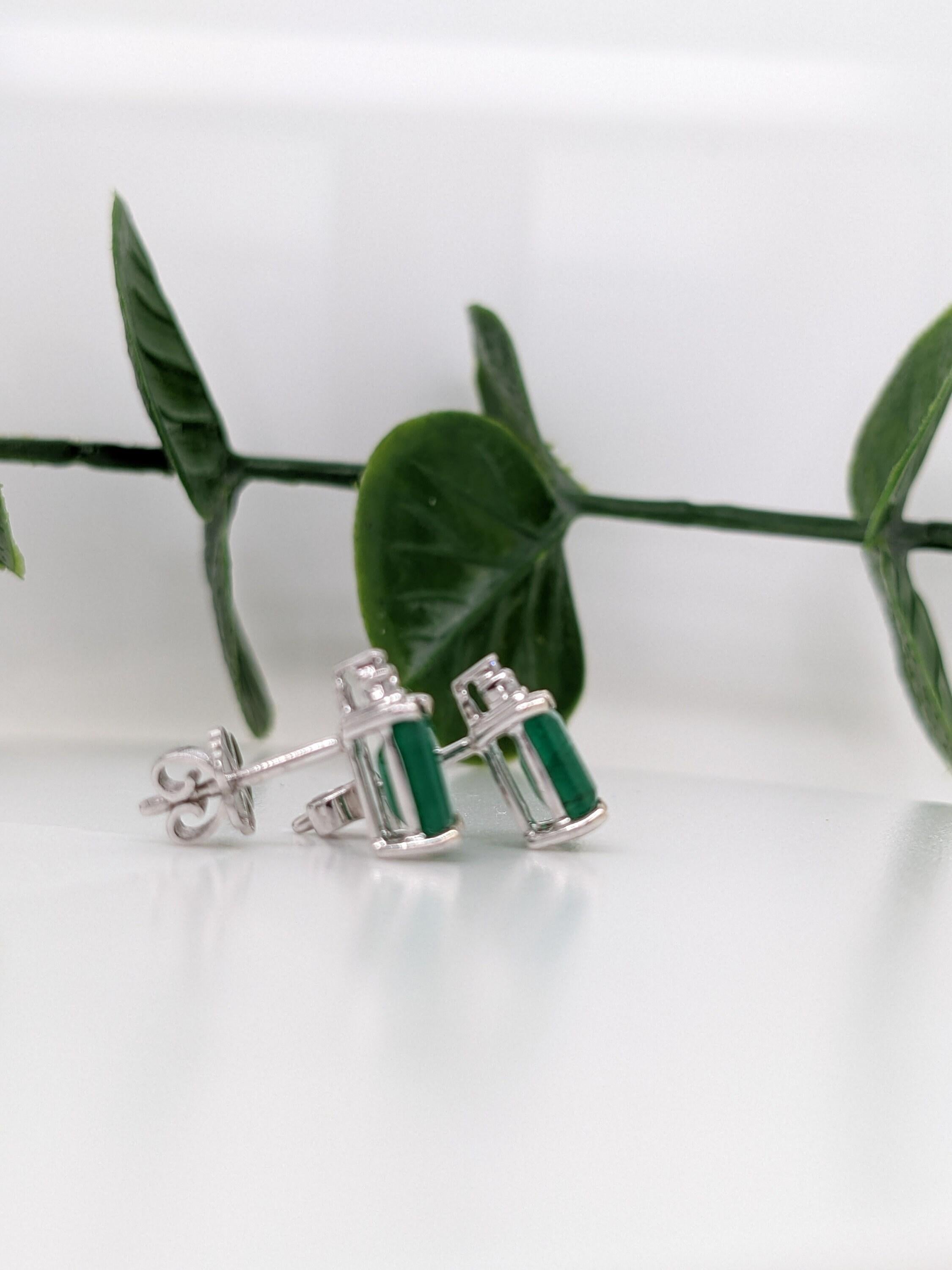 Natural Emerald Stud w a Trio of Diamonds in 14k Solid Gold | Emerald Cut 7x5mm