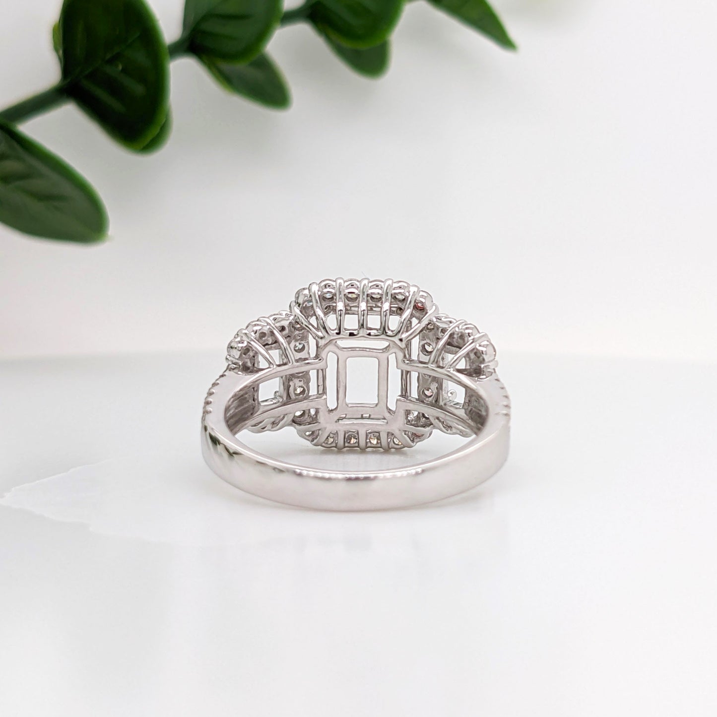Celeste Collection | Three Stone Ring with 2 Baguette Baskets and a Center Emerald Basket with a Diamond Halo | Ring Setting in 14k Solid Gold w Pave Split Shank | Emerald Cut