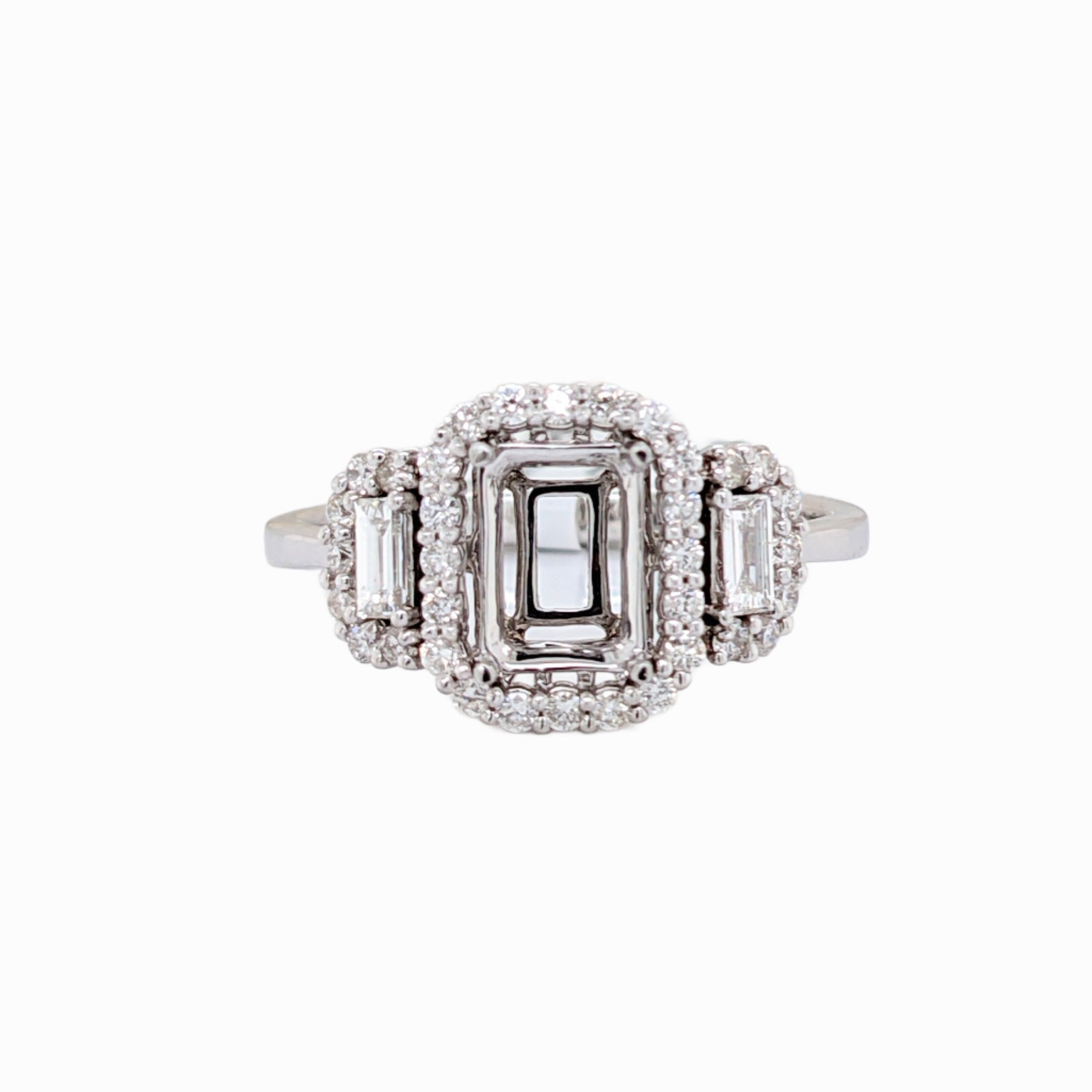Celeste Collection | Diamond Baguette Accents and Diamond Halo Ring Setting in 14k Solid Gold w Straight Shank | Emerald Cut