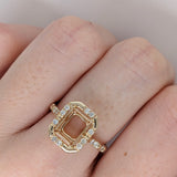 Asymmetrical Diamond Halo Ring Setting in Solid 14k Gold | Emerald Cut