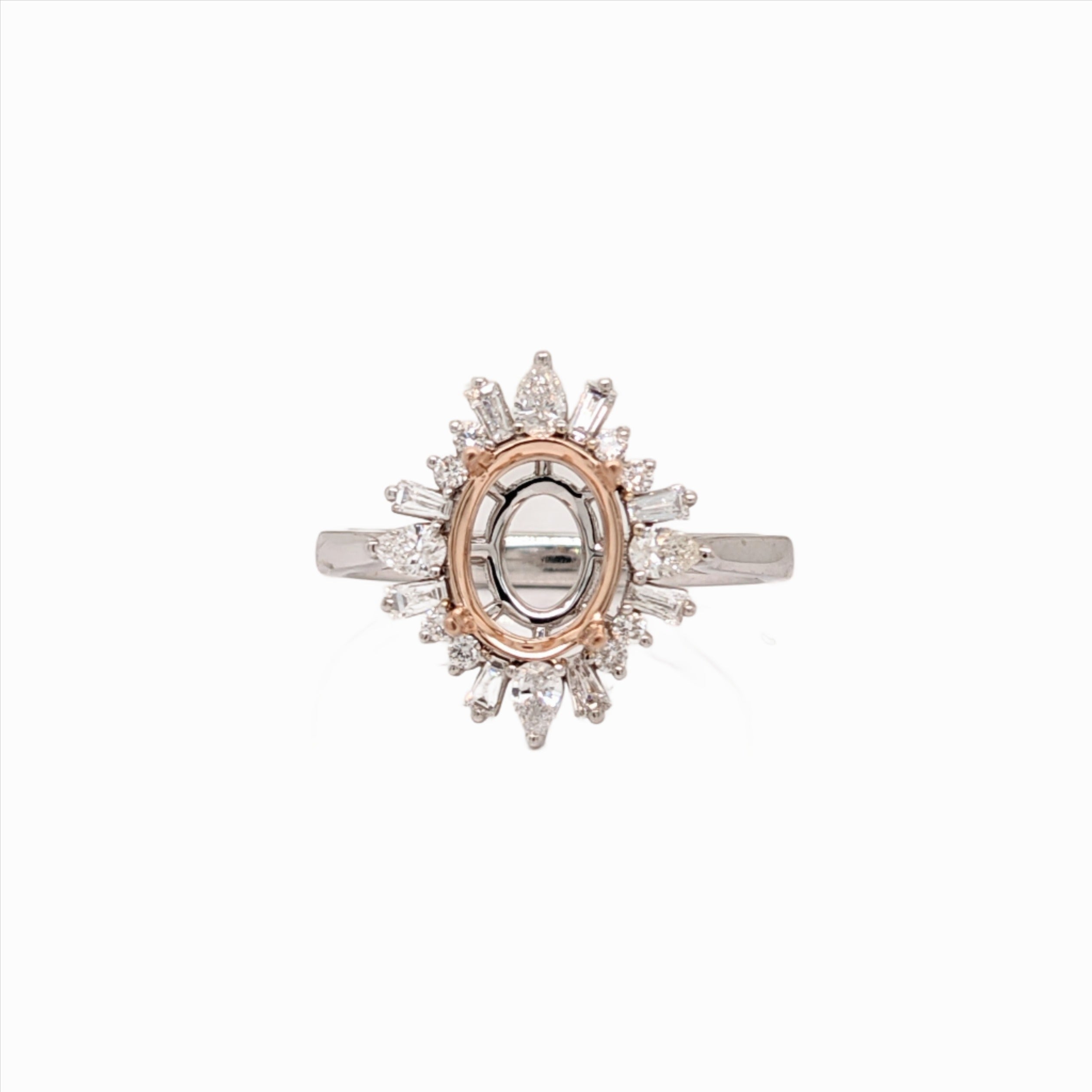 Aurora Collection | Mixed Pear, Baguette & Round Diamond Halo Ring Setting in 14k Solid Gold | Oval Cut