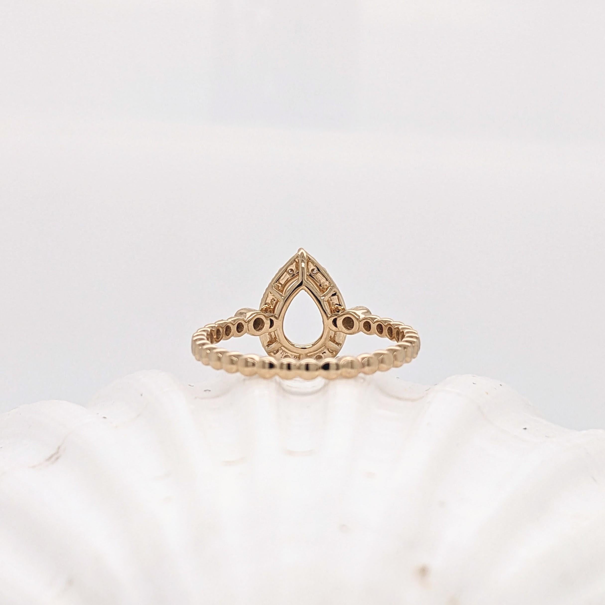 Ring Semi Mount w Natural Diamonds in Solid 14K Yellow Gold Pear cut 8x6