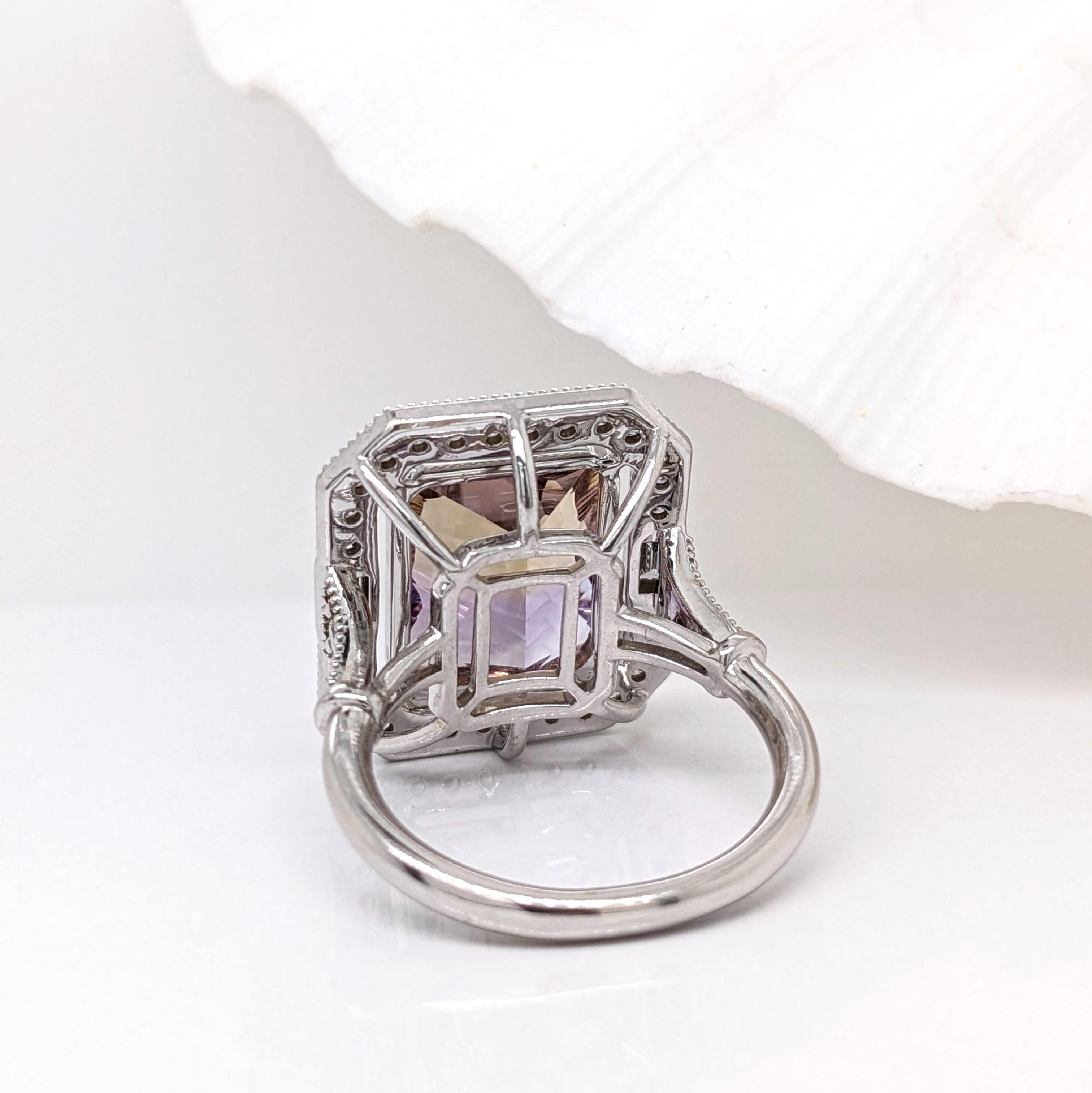 6 Carat Ametrine Ring w a Natural Diamond Halo and Milgrain Detail | 12x10mm