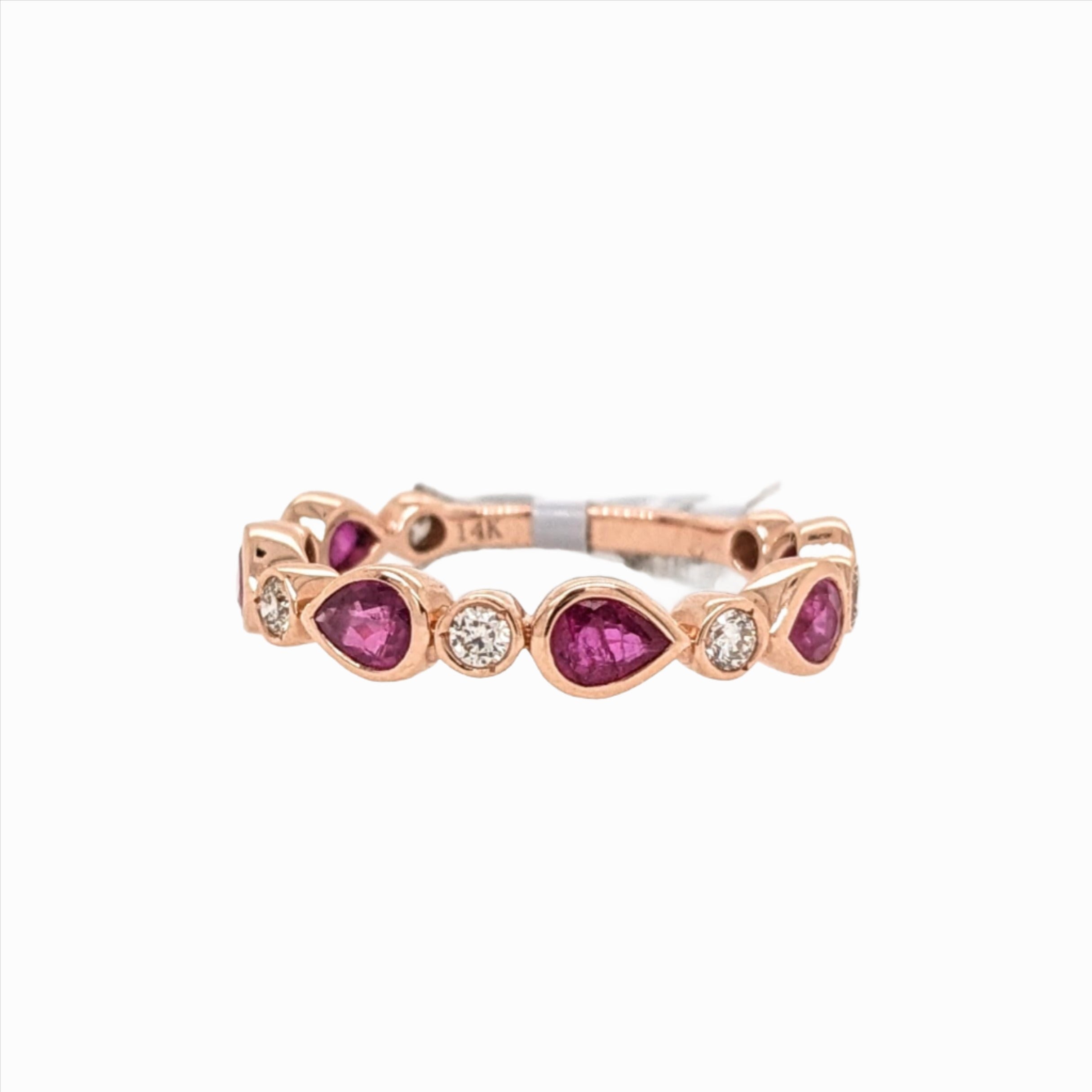 Bezel Set Pear Shape Ruby Band Ring w Natural Diamonds in Solid 14k Rose Gold