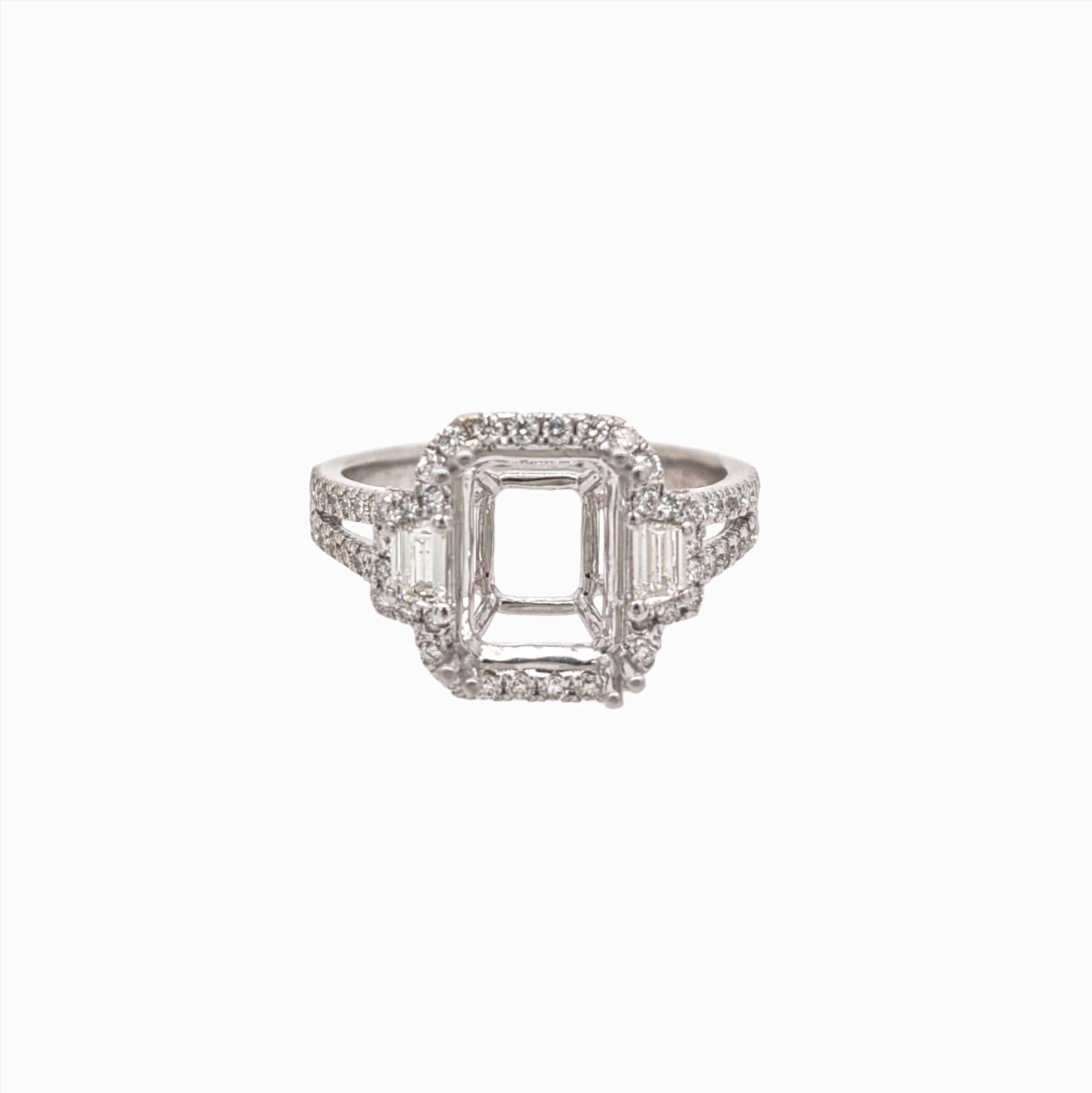 Ring Semi Mount w Natural Diamonds in 14k White Gold Emerald cut 9x7mm