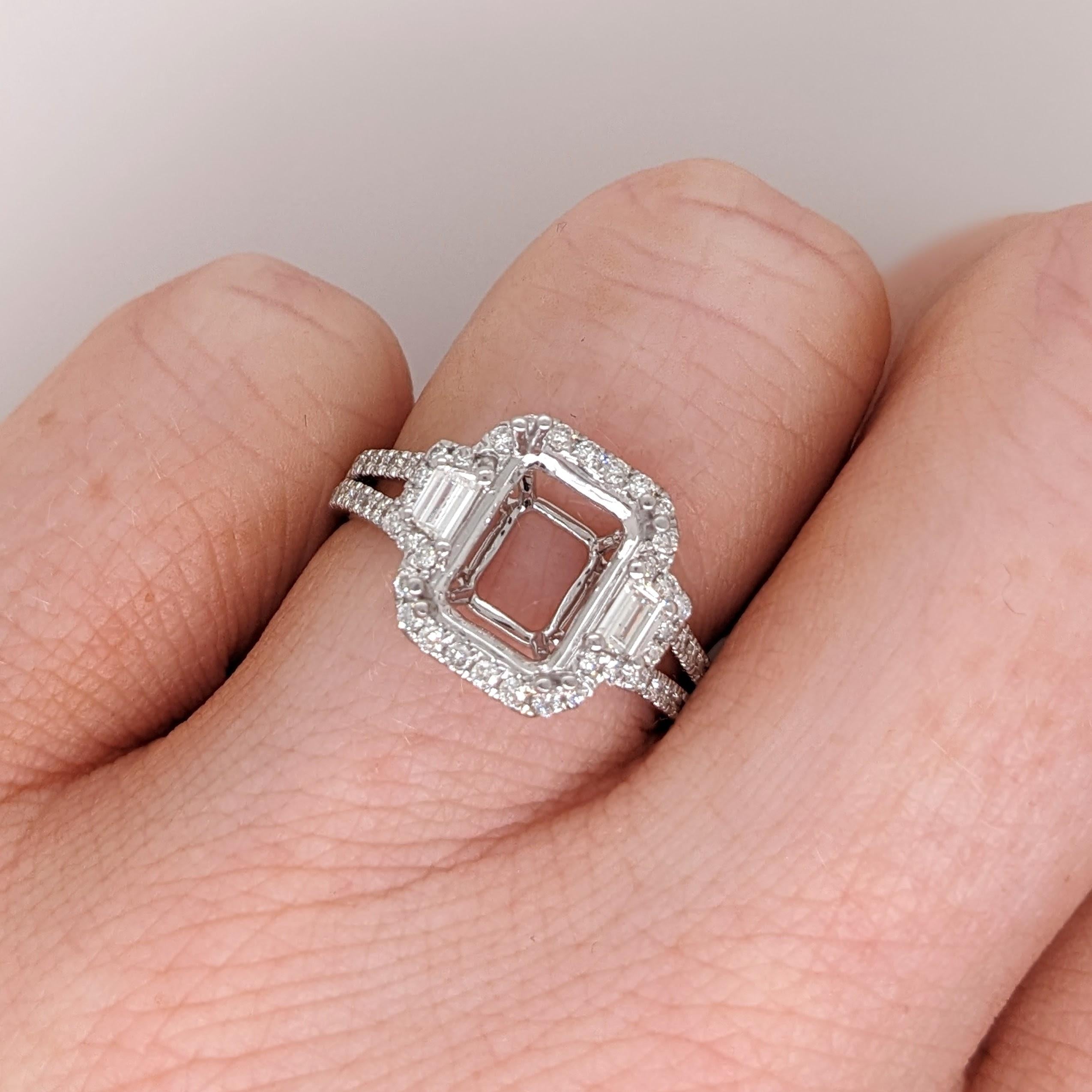 Ring Semi Mount w Natural Diamonds in 14k White Gold Emerald cut 9x7mm