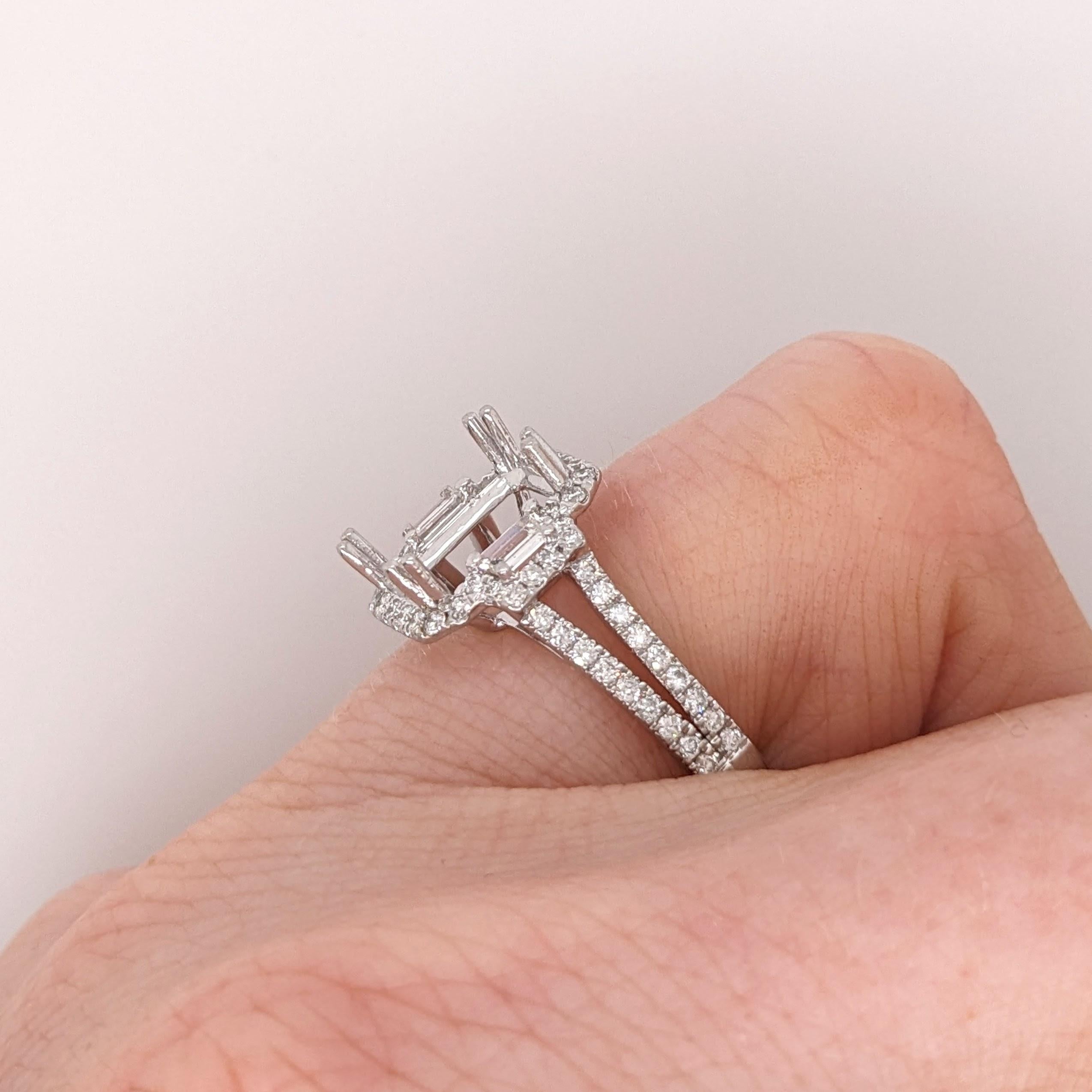 Ring Semi Mount w Natural Diamonds in 14k White Gold Emerald cut 9x7mm