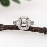 Ring Semi Mount w Natural Diamonds in 14k White Gold Emerald cut 9x7mm