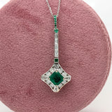 Emerald Pendant w Natural Diamonds in Solid 14K Gold Emerald Cut 6.5mm