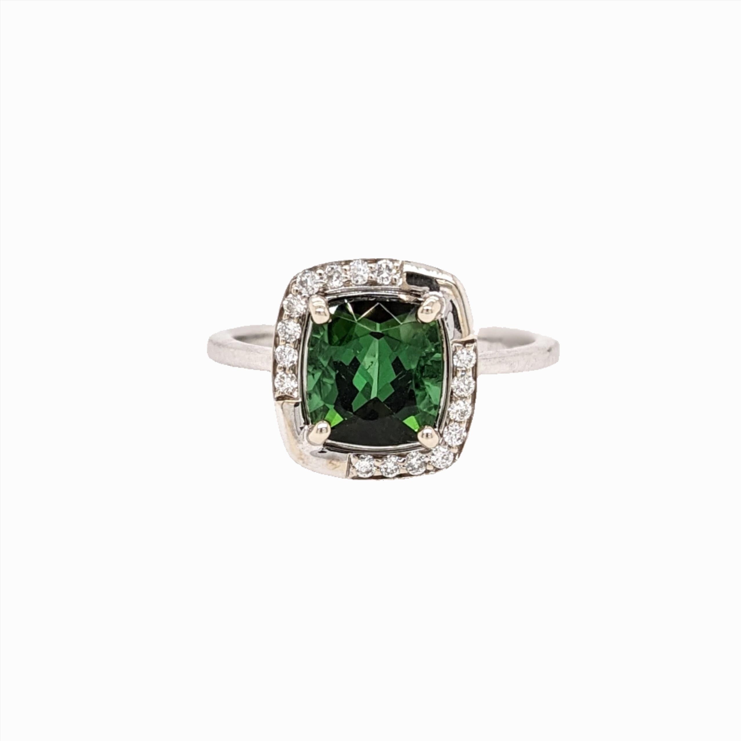 Chrome Tourmaline Ring w Diamond Halo in Solid 14K White Gold Emerald Cut 8x7mm