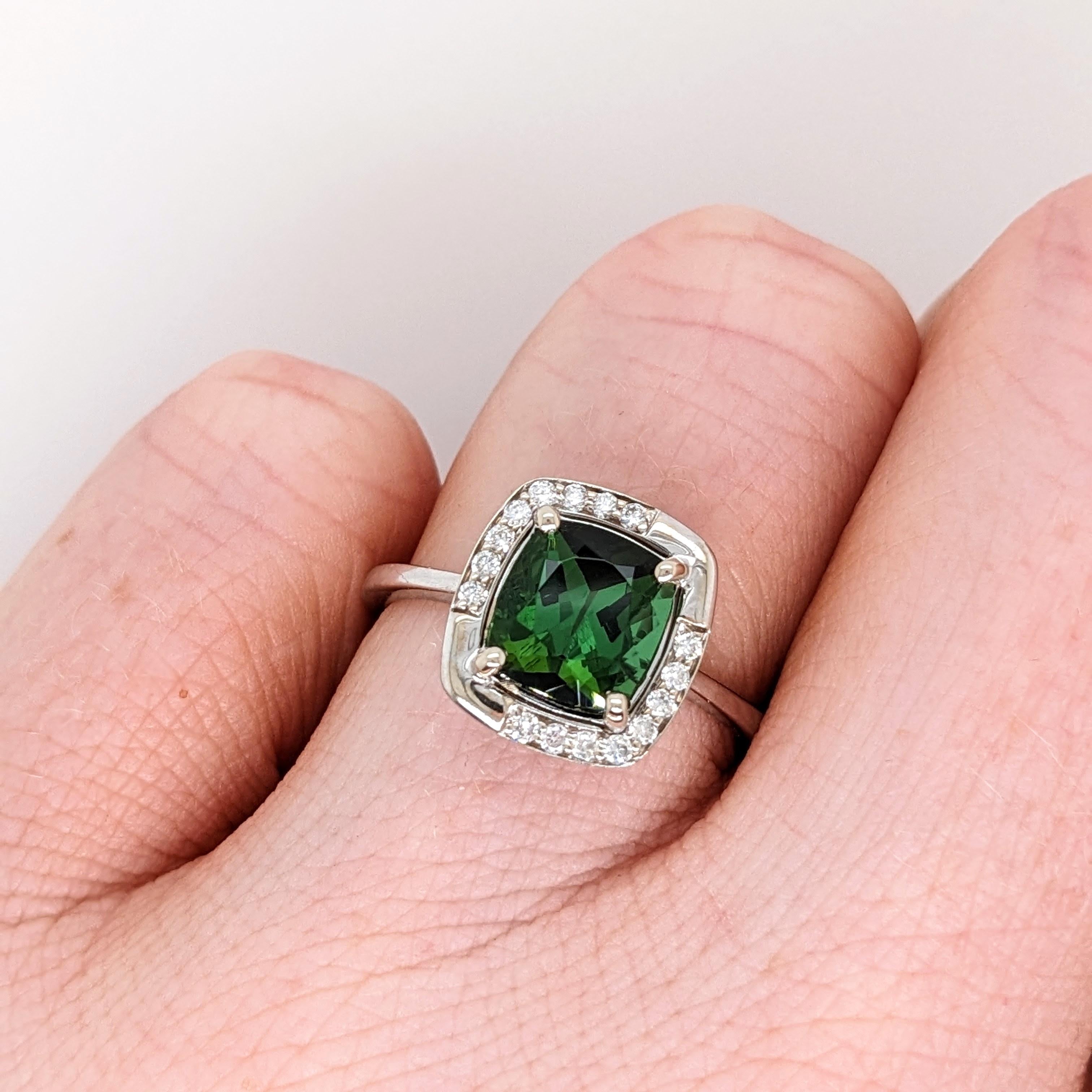 Chrome Tourmaline Ring w Diamond Halo in Solid 14K White Gold Emerald Cut 8x7mm