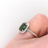 Chrome Tourmaline Ring w Diamond Halo in Solid 14K White Gold Emerald Cut 8x7mm