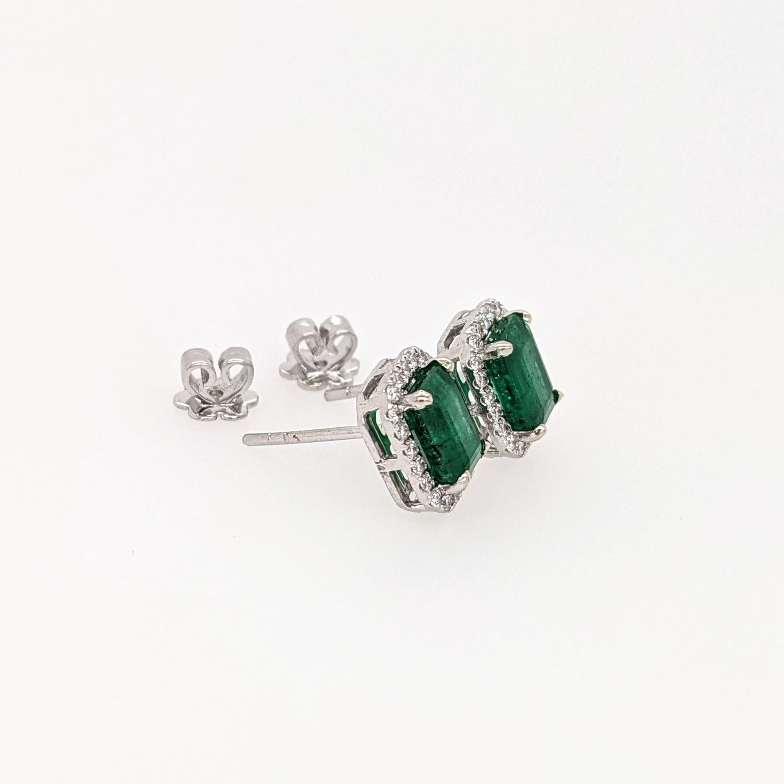 2.3ct Zambian Emerald Stud Earrings w Natural Diamond Halo in Solid 14K Gold 7x5