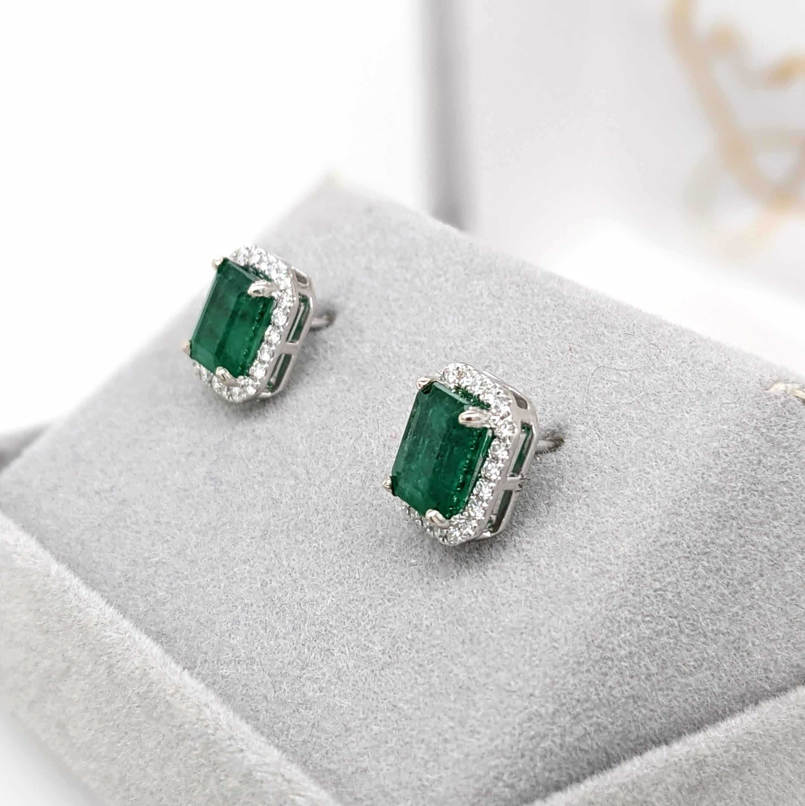 2.3ct Zambian Emerald Stud Earrings w Natural Diamond Halo in Solid 14K Gold 7x5