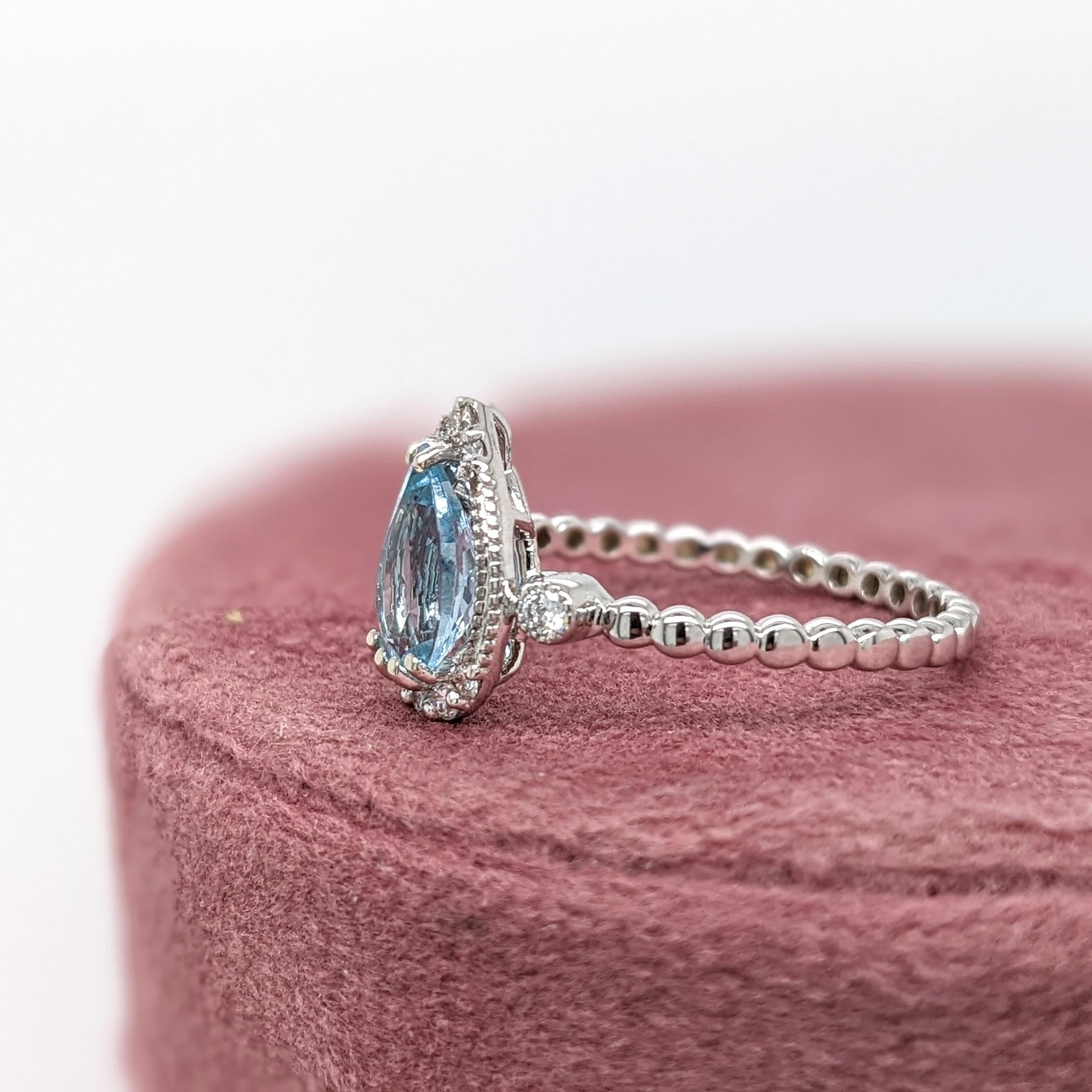 Aquamarine Ring w Natural Diamonds in 14K White Gold Pear cut 8x6mm