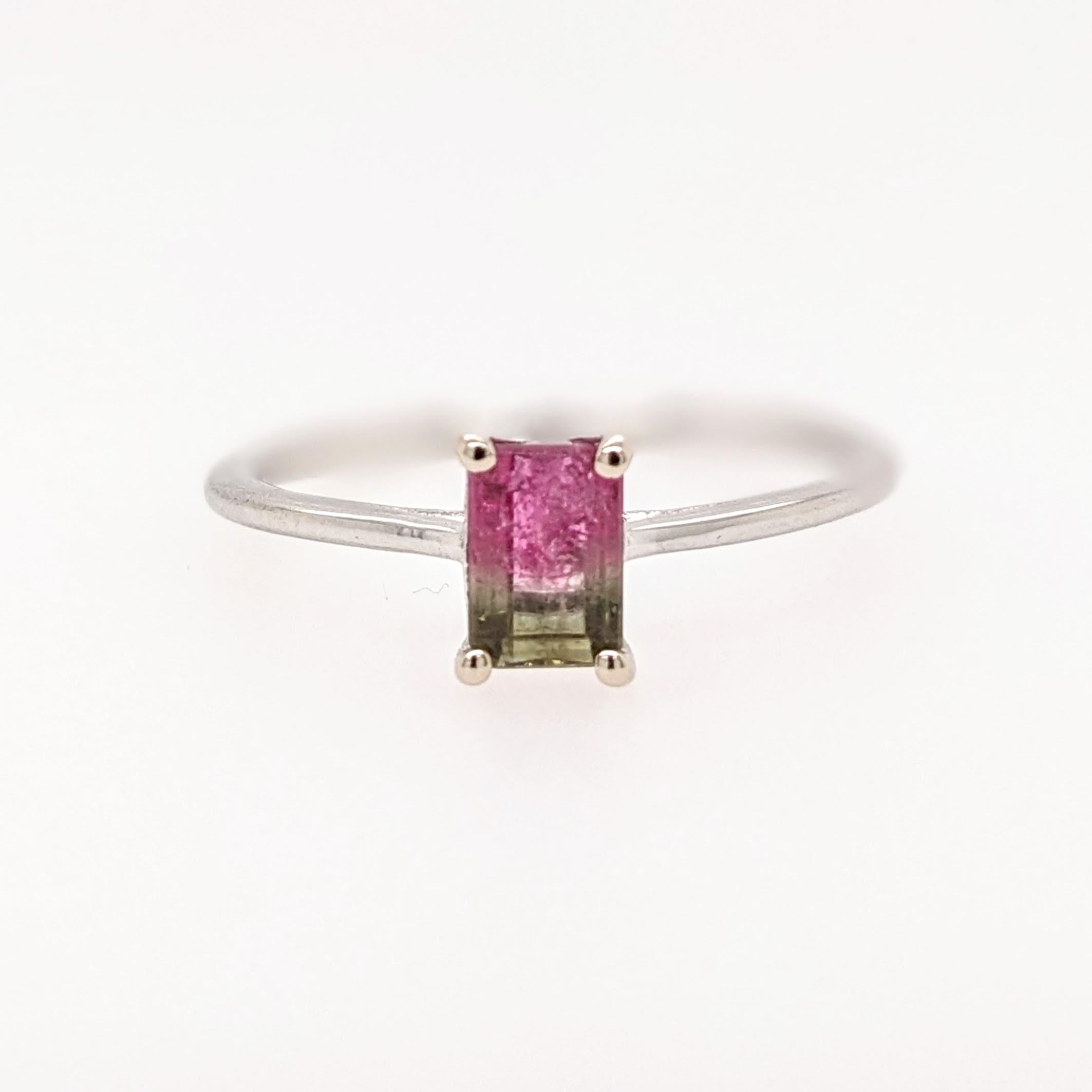Bi-Color Tourmaline Solitaire Ring in Solid 14K White Gold Emerald Cut 6x4mm