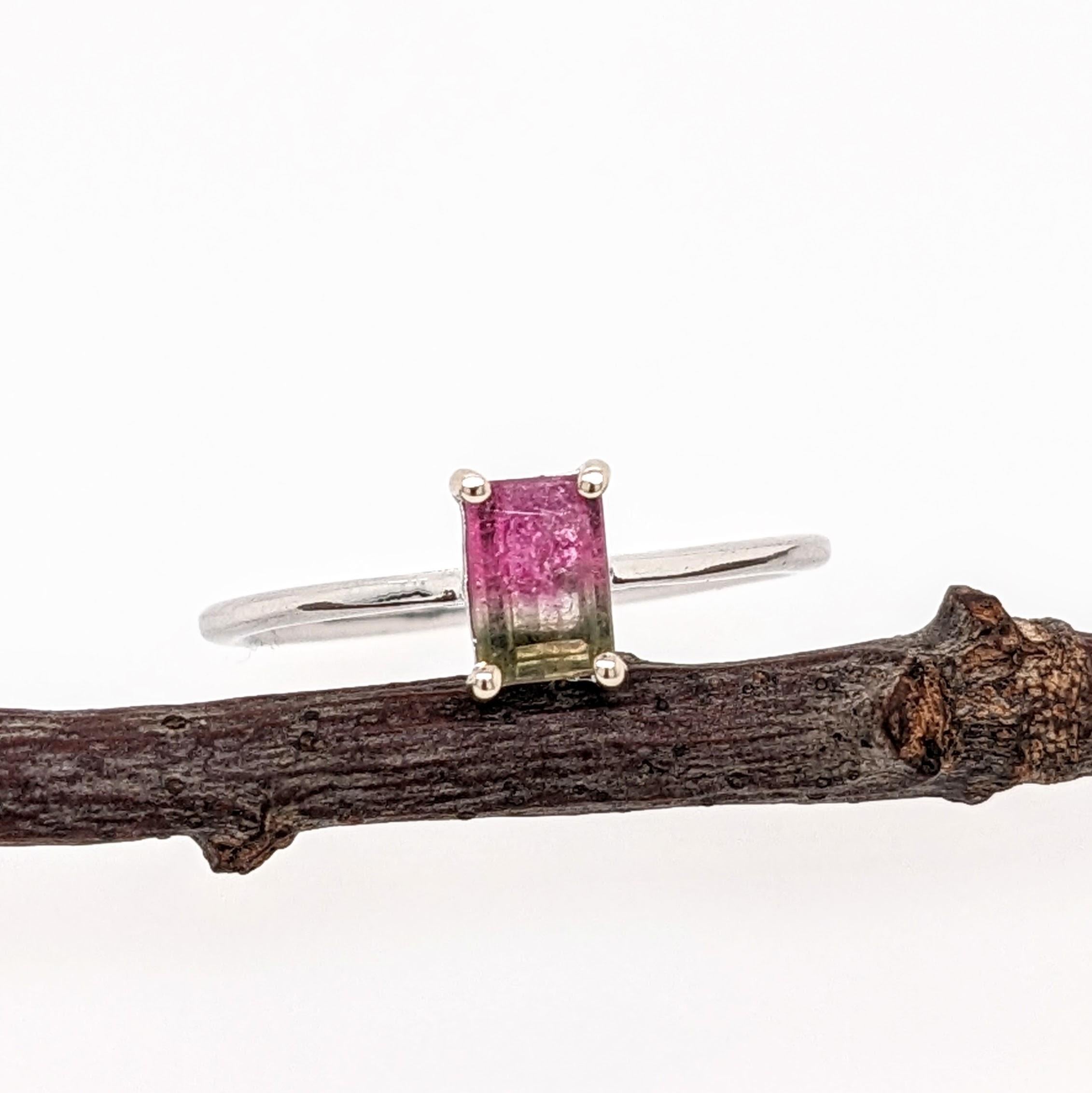 Bi-Color Tourmaline Solitaire Ring in Solid 14K White Gold Emerald Cut 6x4mm