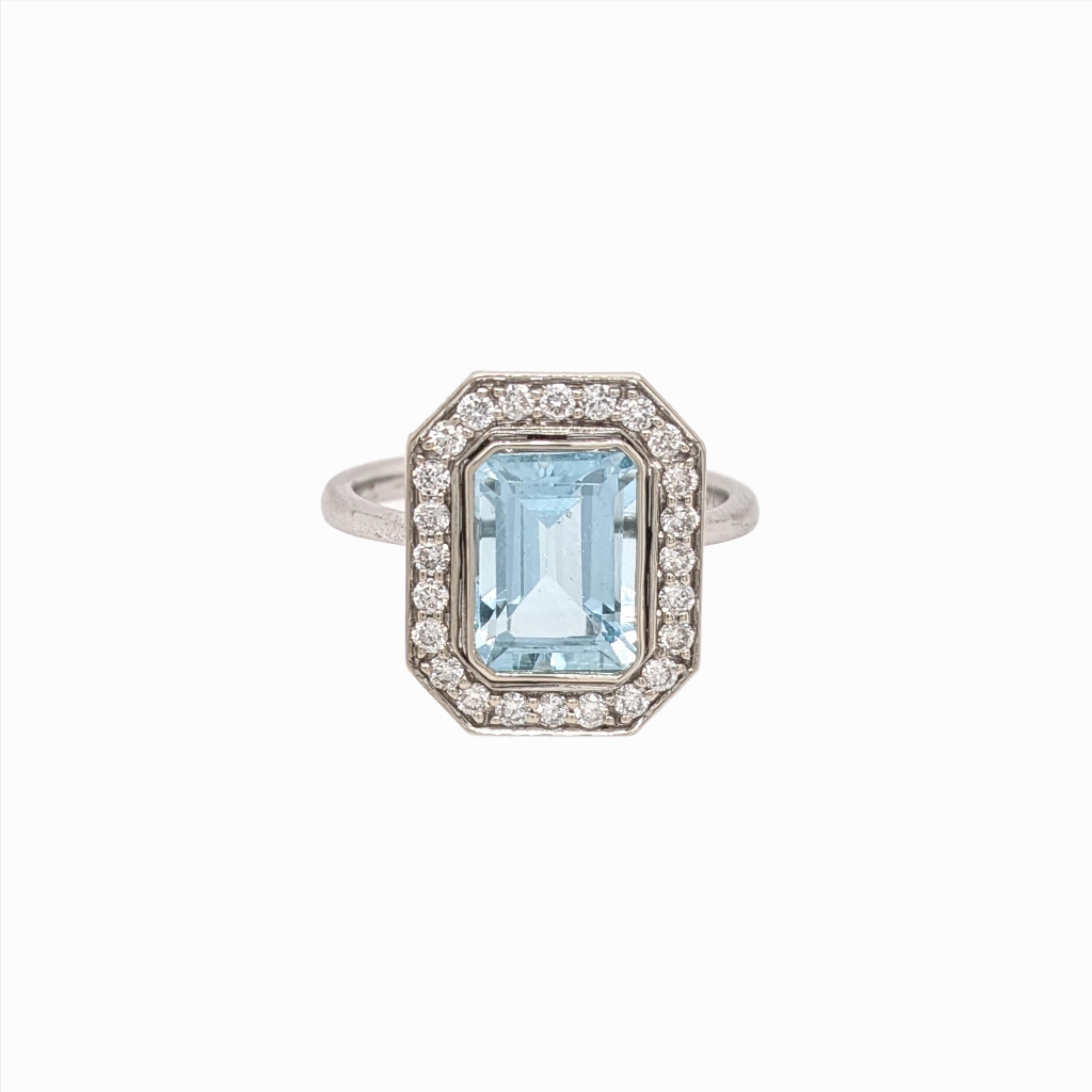Aquamarine Ring w Natural Diamond Halo in 14K White Gold Emerald Cut 9x7mm