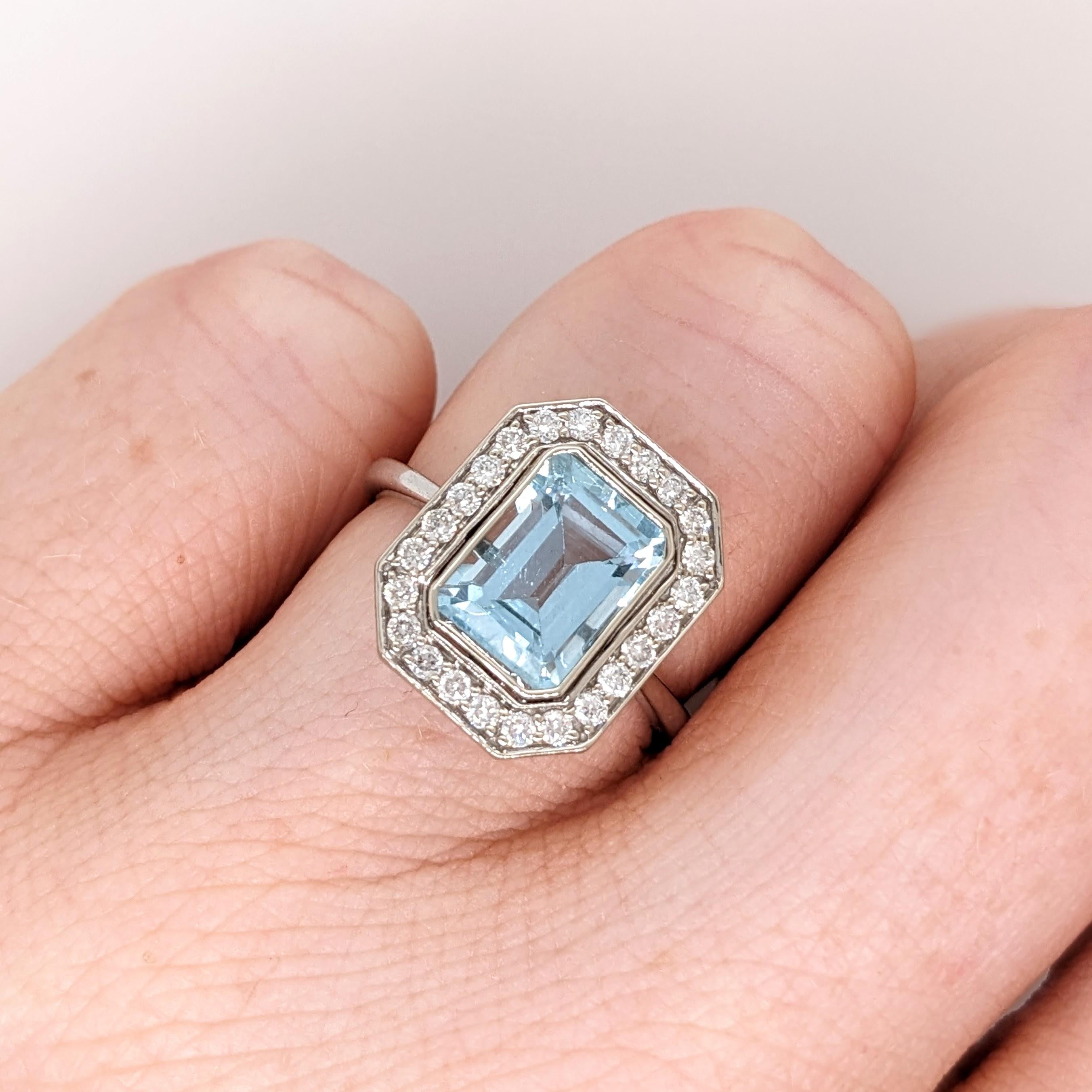 Aquamarine Ring w Natural Diamond Halo in 14K White Gold Emerald Cut 9x7mm