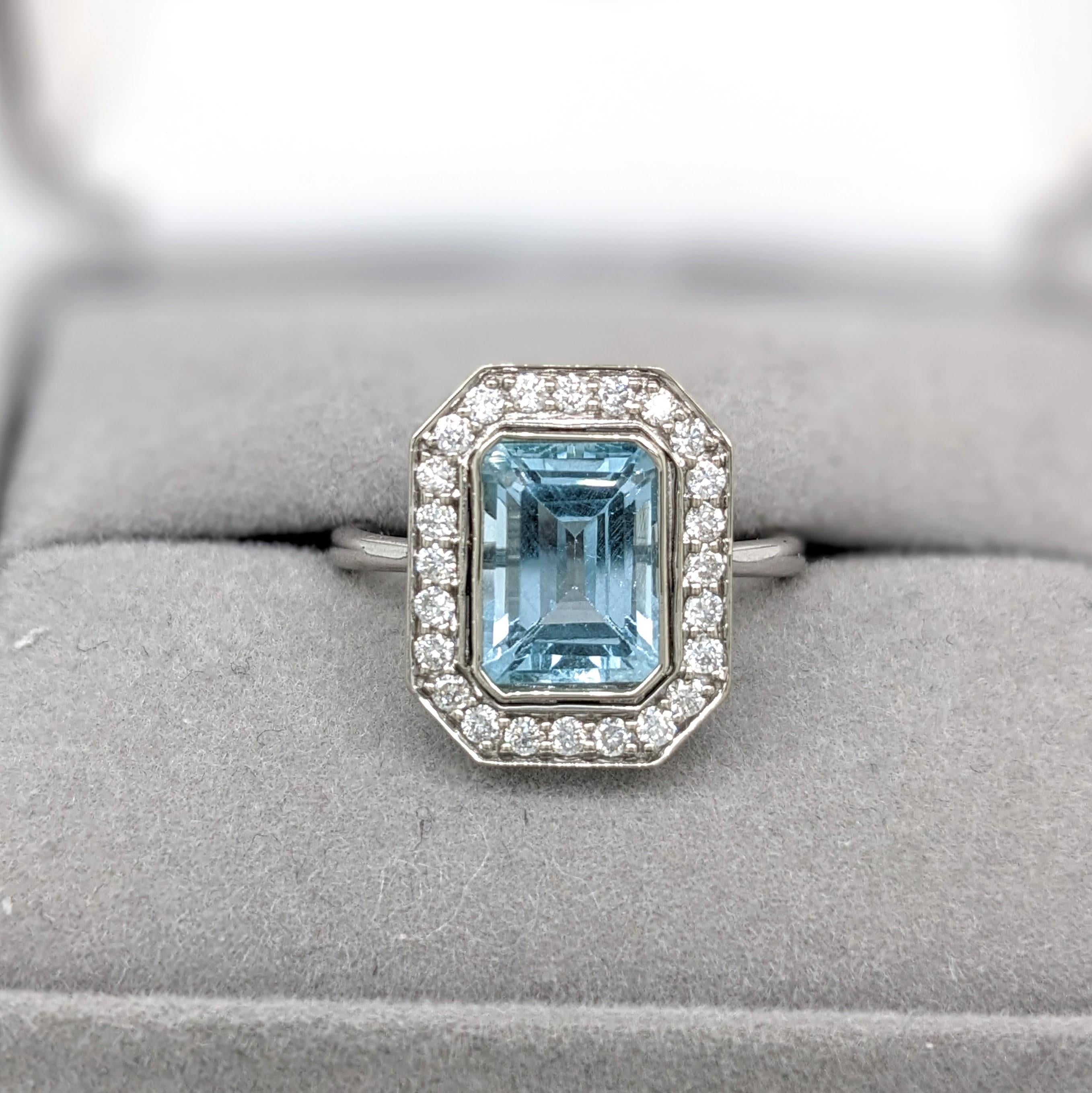 Aquamarine Ring w Natural Diamond Halo in 14K White Gold Emerald Cut 9x7mm