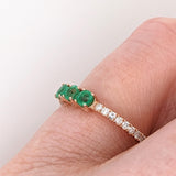 3 Stone Emerald Ring w Natural Diamonds in Solid 14K Yellow Gold Round 3mm