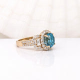 4.1ct Blue Zircon Ring w Natural Diamonds in Solid 14k Yellow Gold Oval 8x6mm