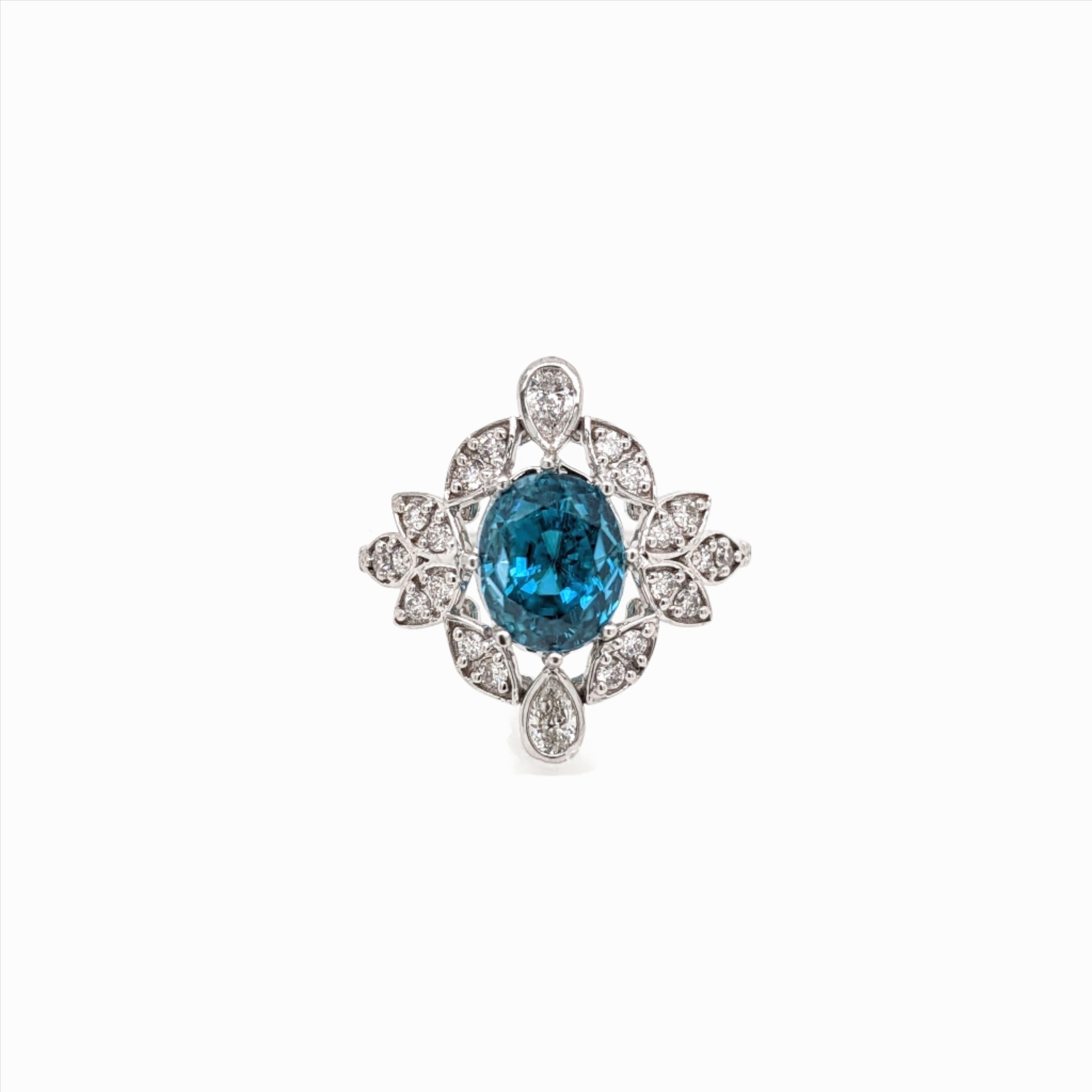 4.3ct Blue Zircon Ring w Natural Diamonds in Solid 14K White Gold Oval 9x7mm