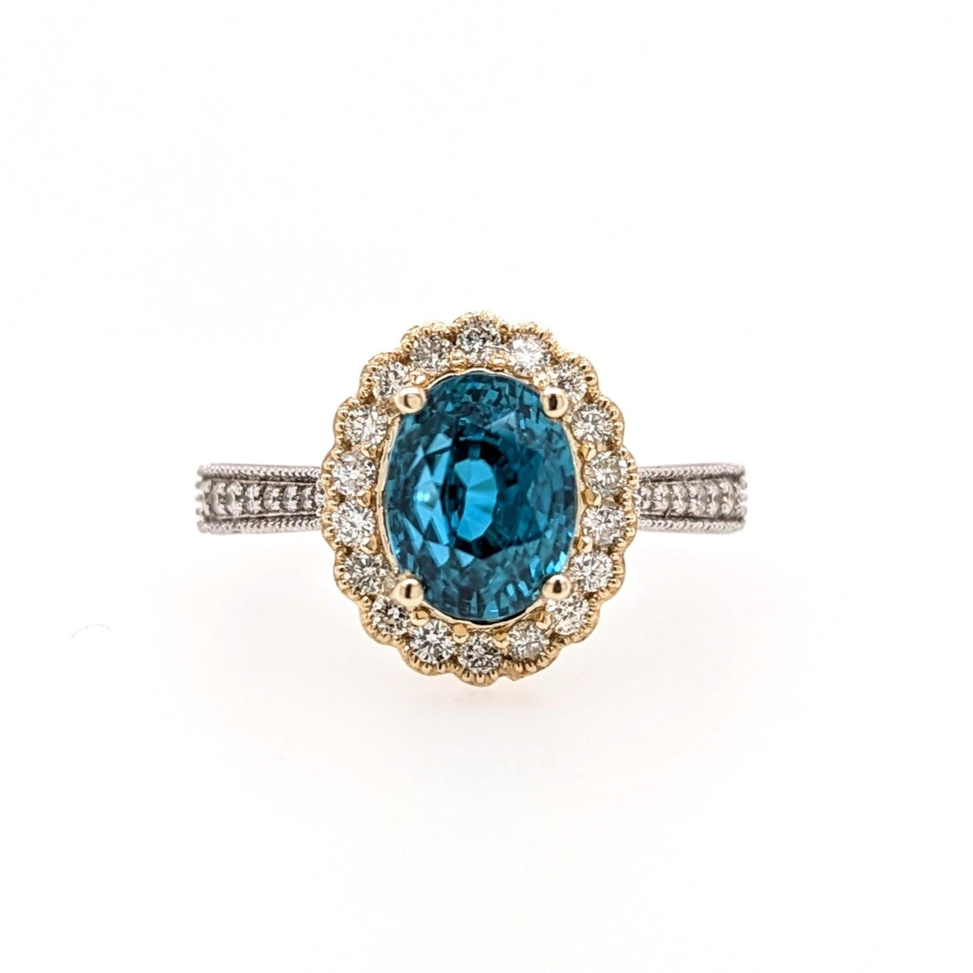 4.1ct Blue Zircon Ring w Natural Diamonds in Solid 14k Dual Tone Gold Oval 9x7mm