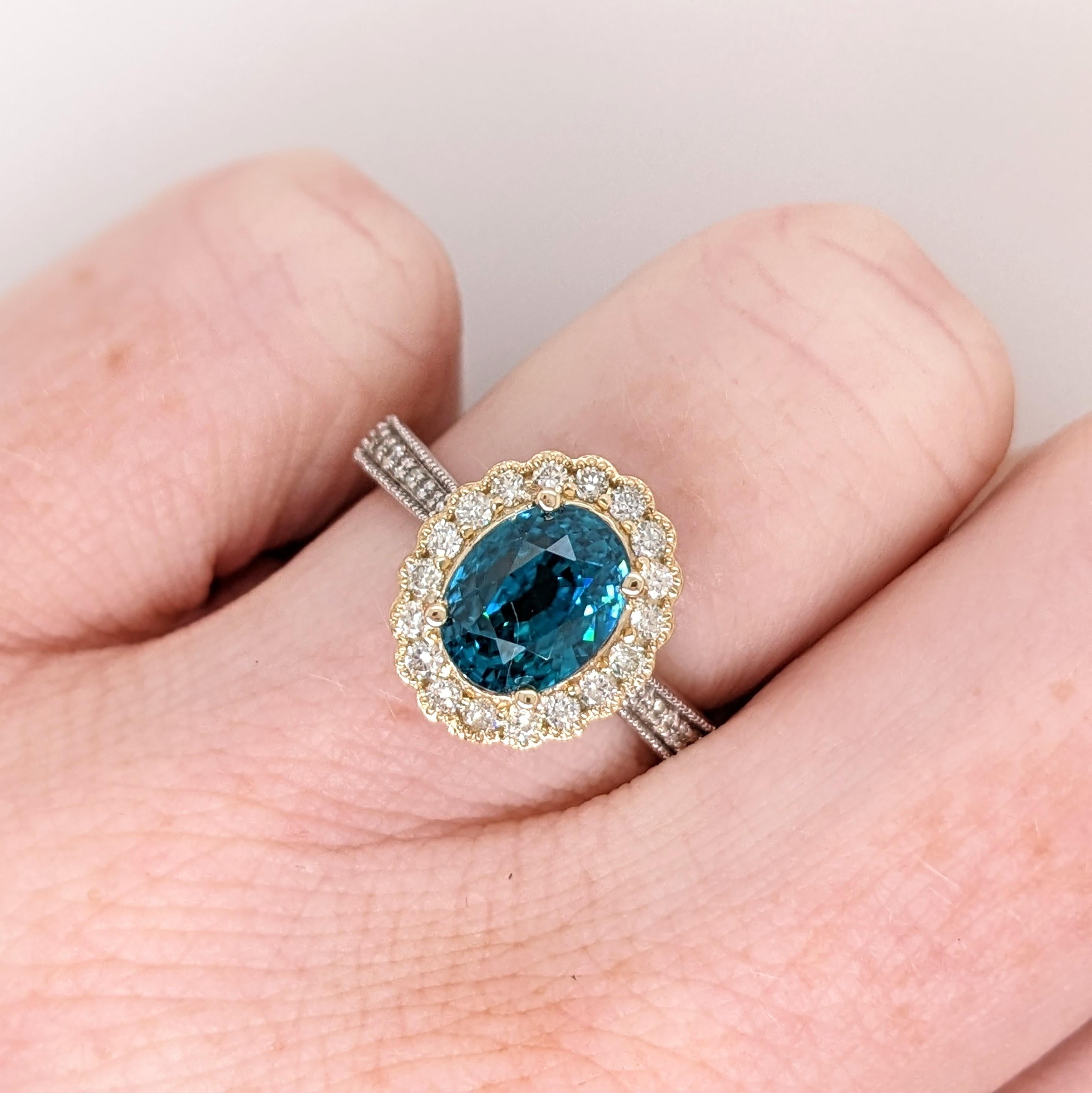 4.1ct Blue Zircon Ring w Natural Diamonds in Solid 14k Dual Tone Gold Oval 9x7mm