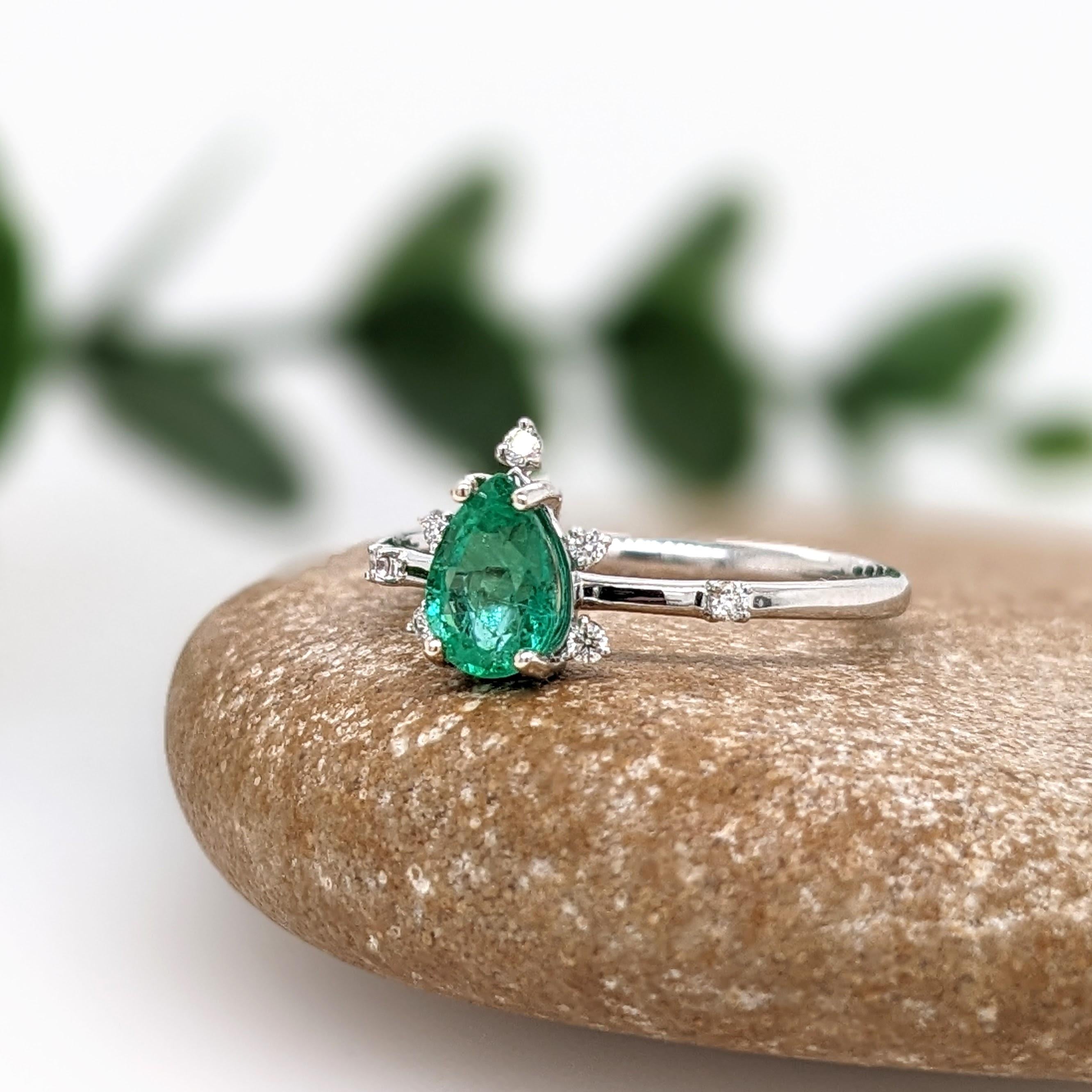 Emerald Ring w Natural Diamond Accents in 14K White Gold Pear Shape 7x5mm