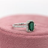 Emerald Ring w Natural Diamonds in Solid 14K White Gold Emerald cut 7x5mm