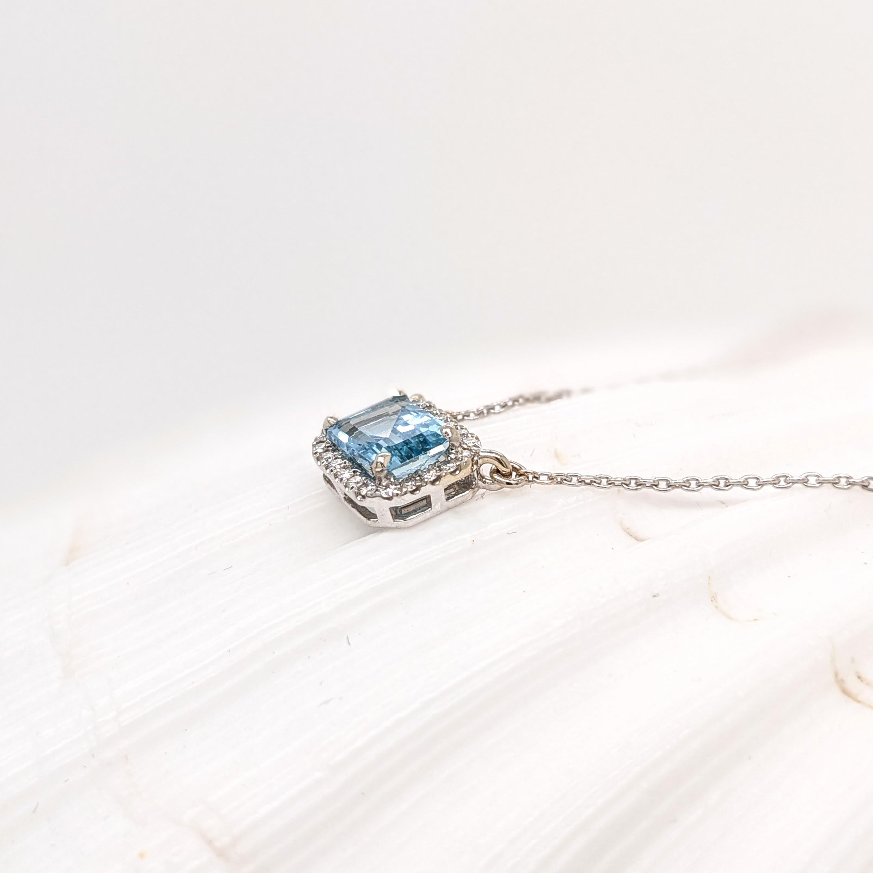 Aquamarine Pendant w Natural Diamonds in Solid 14K White Gold Emerald Cut 5x7mm
