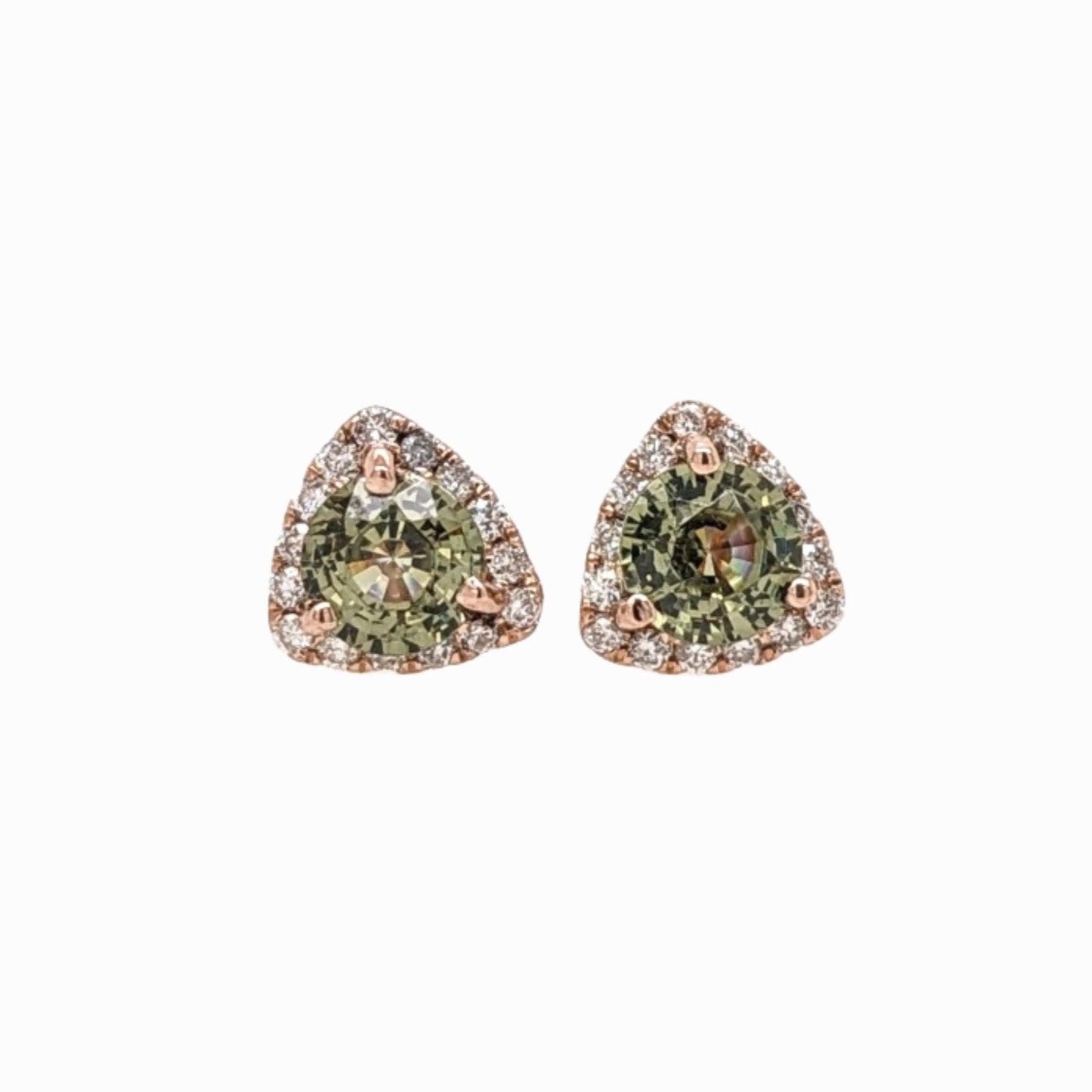 Demantoid Stud Earrings w Natural Diamond Halo In Solid 14K Rose Gold