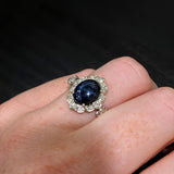 3.62 ct Star Sapphire Ring w Natural Diamonds in Solid 14K White Gold Oval 10x8