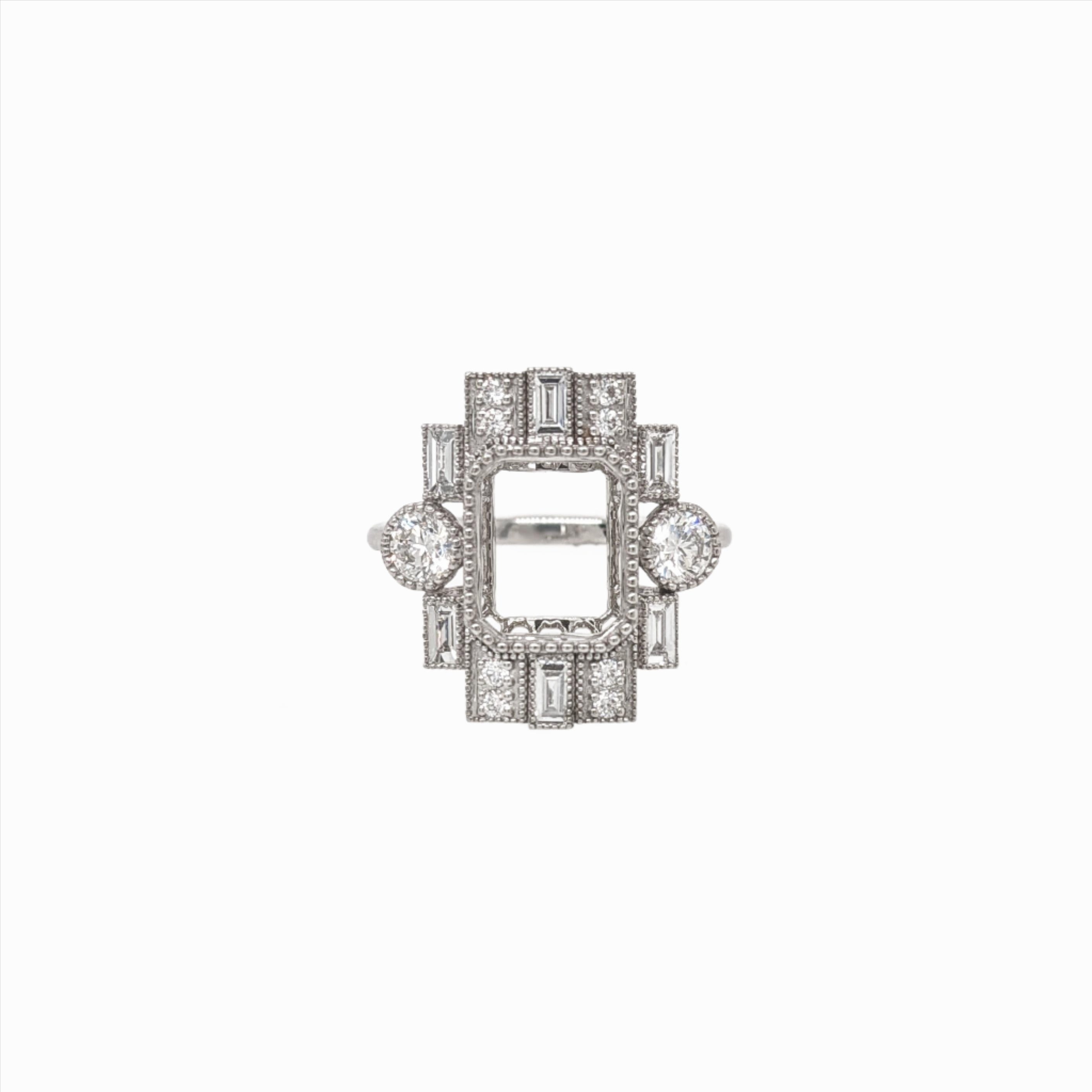 Art Deco Style Ring Semi Mount w Natural Diamonds in 14k Solid Gold EM 10x8mm