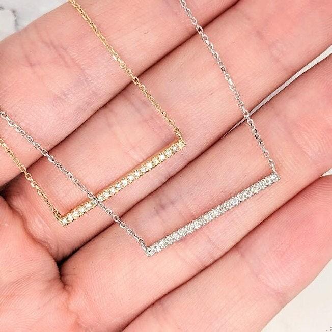 Pretty Pave Diamond Bar Necklace in Solid 14k Yellow or White Gold with Natural