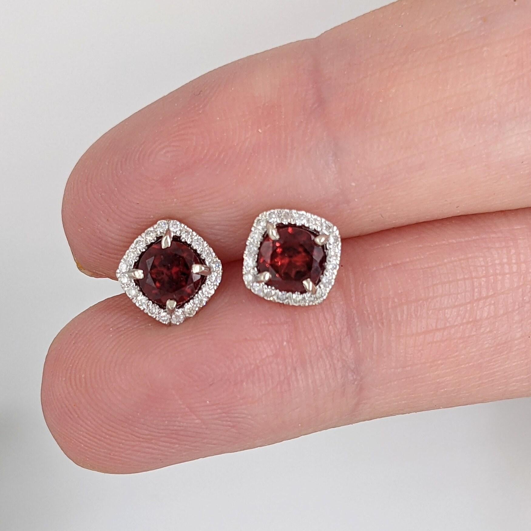 Red Garnet Stud Earrings with Cushion Diamond Halo in 14k White Gold | Rhodolite