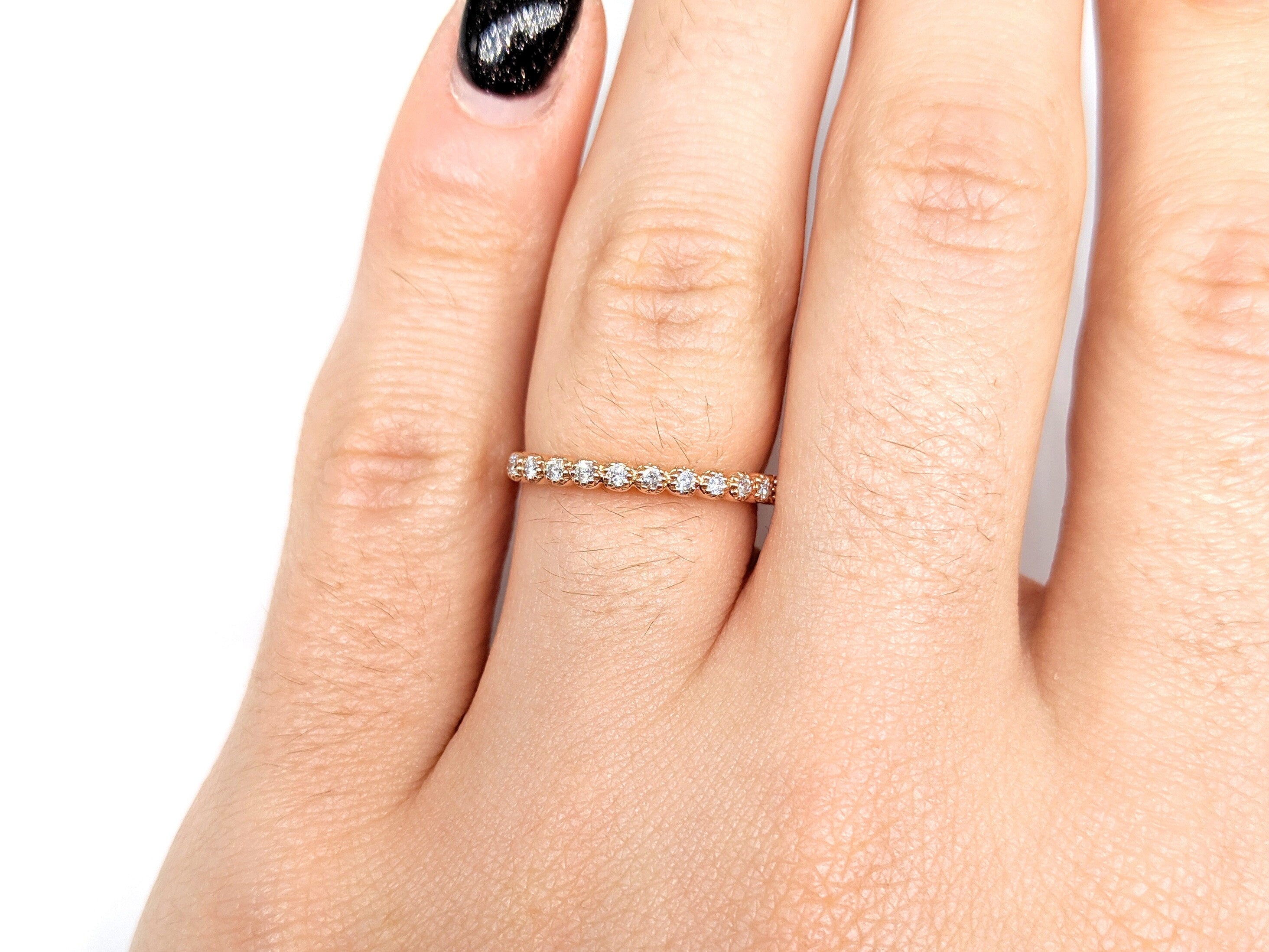 Diamond Stackable Band in Solid 14K Rose, Yellow, White Gold | Milgrain Wedding Band | Vintage Look | Promise Band | Coin Edging | Sizable
