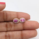 Stud Earrings-Adorable Pink Sapphire Studs with a Natural Diamond Halo in Solid 14k Rose, Yellow or White Gold | Oval 6x4mm | Minimalist Gemstone Earrings - NNJGemstones