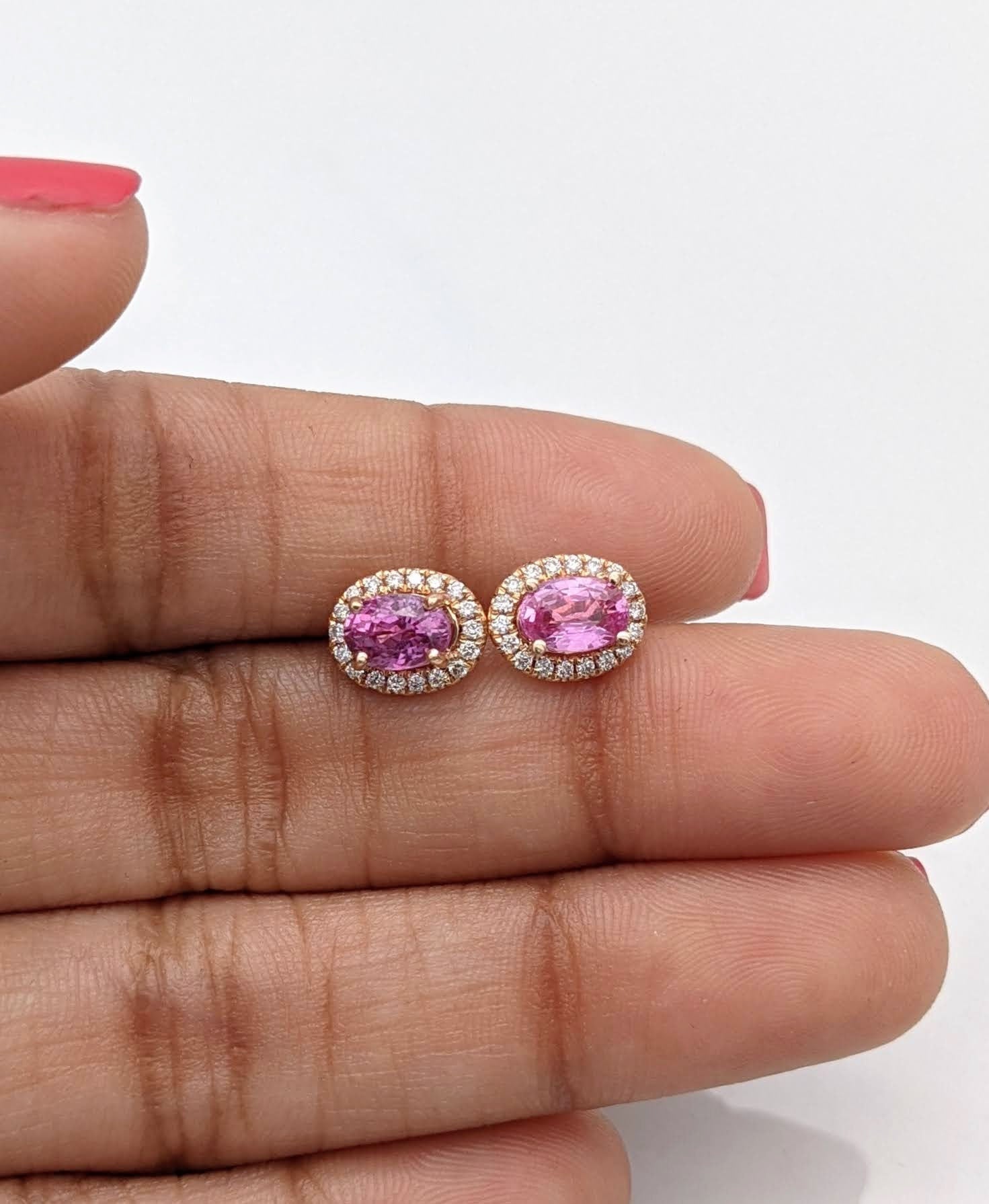 Stud Earrings-Adorable Pink Sapphire Studs with a Natural Diamond Halo in Solid 14k Rose, Yellow or White Gold | Oval 6x4mm | Minimalist Gemstone Earrings - NNJGemstones