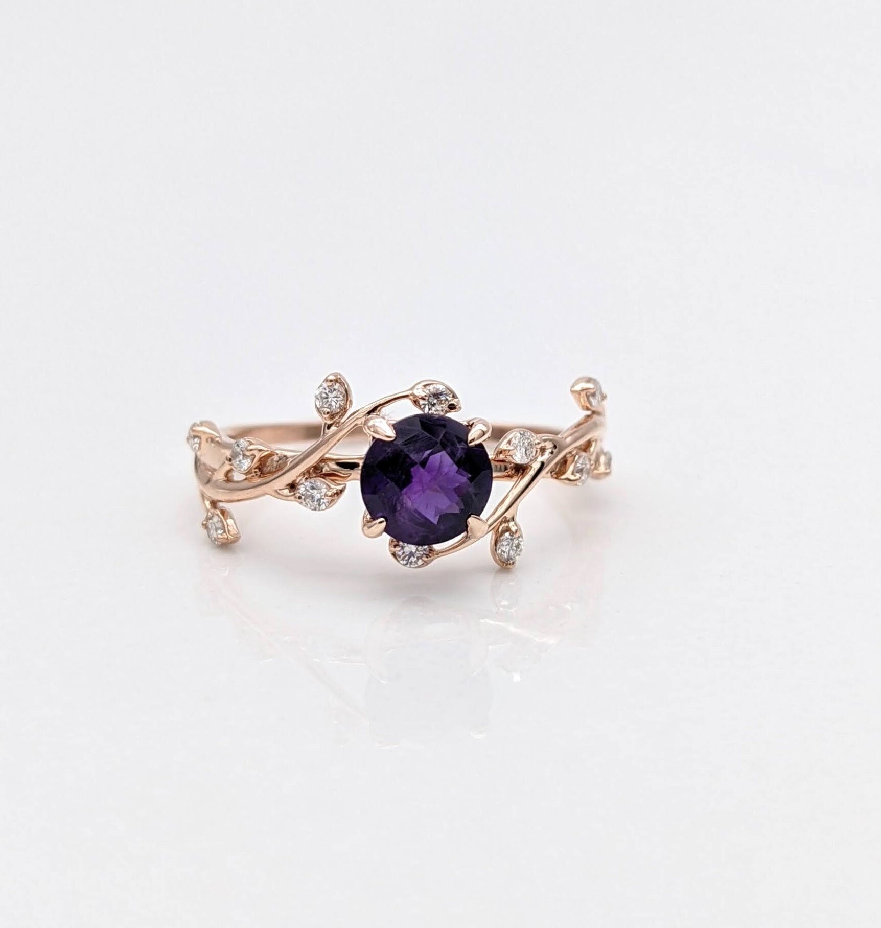 Statement Rings-Amethyst Vine Ring w All Natural Diamond Accents in Solid 14k Gold || Round 5mm || Earth Mined || February Birthstone || Customizable - NNJGemstones