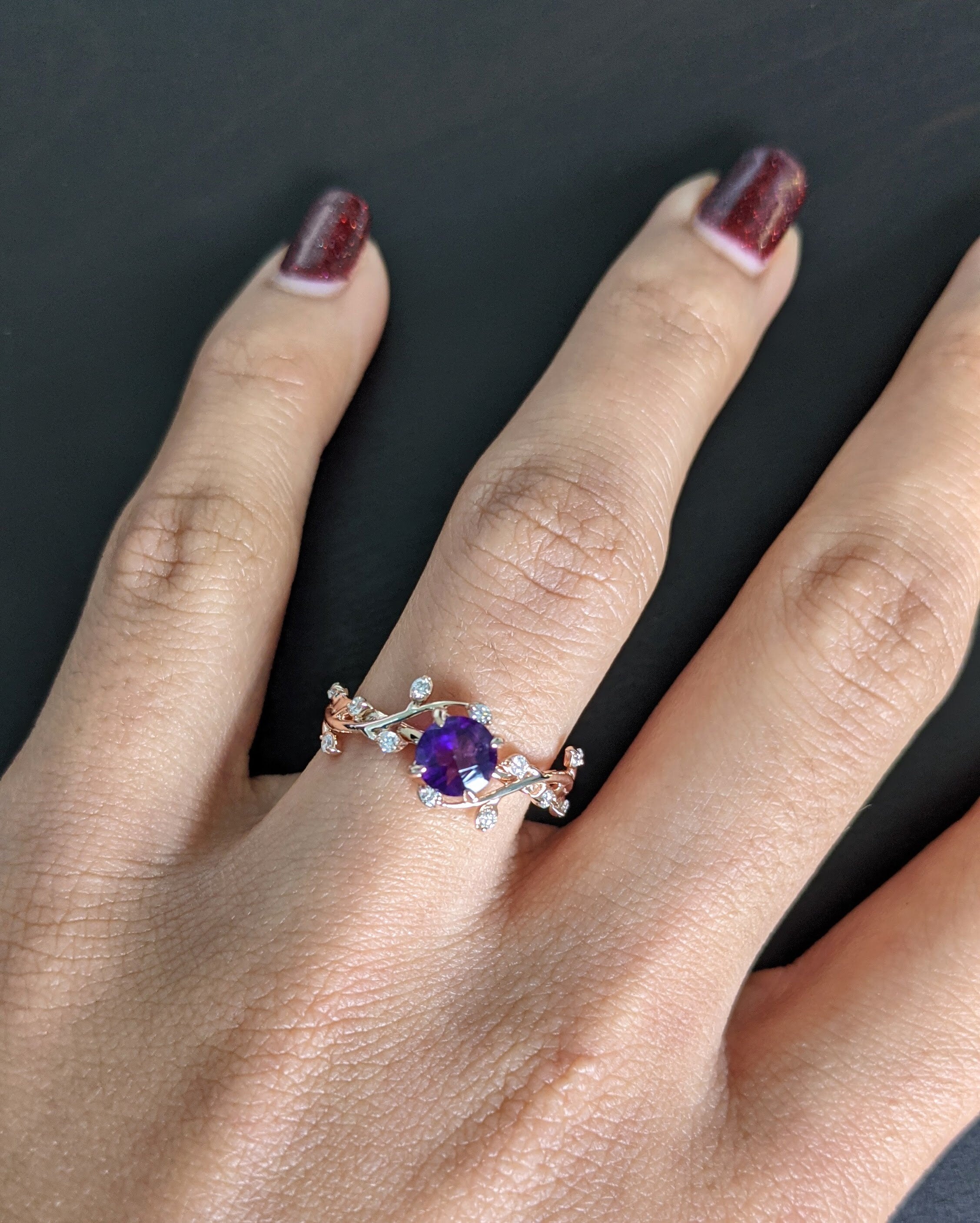 Statement Rings-Amethyst Vine Ring w All Natural Diamond Accents in Solid 14k Gold || Round 5mm || Earth Mined || February Birthstone || Customizable - NNJGemstones