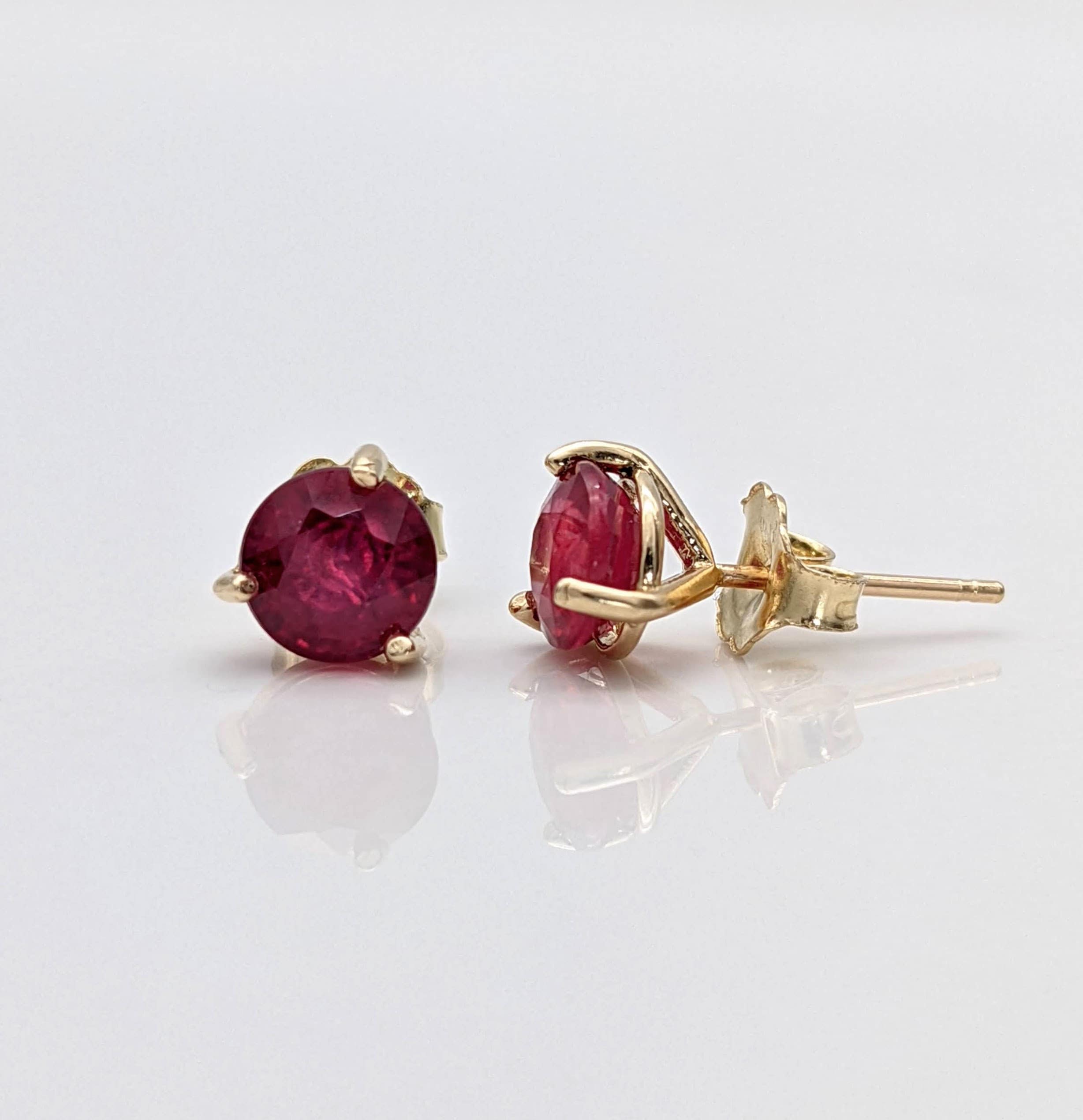 Natural Heated Red Ruby Studs in Solid 14k Yellow, White or Rose Gold | Round 4mm, 6mm | Martini Prong | July Birthstone | 3 Prong
