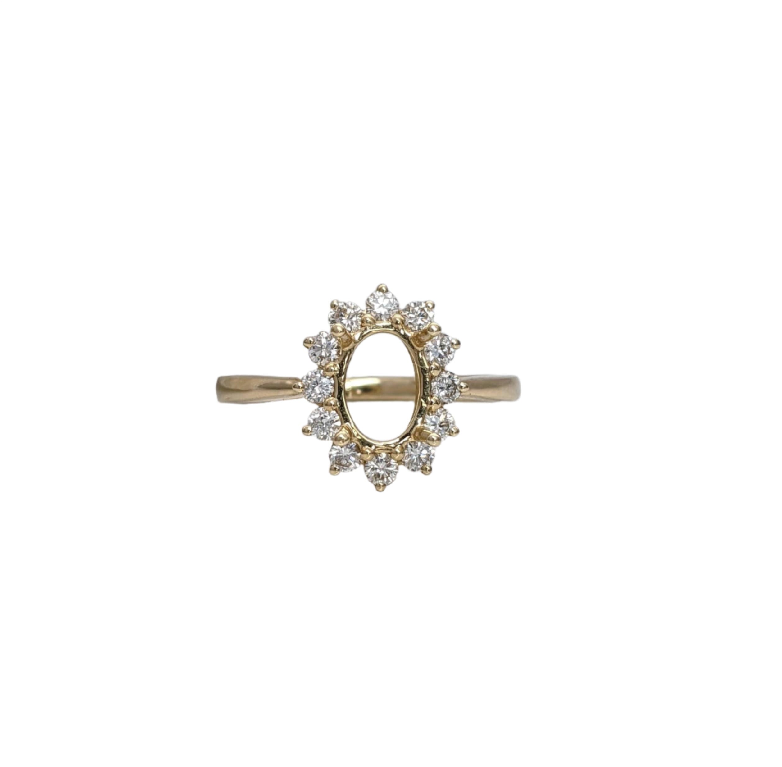 Lady Diana Style Ring w Natural Diamond Floral Halo Semi Mount Setting in 14K Yellow, White, or Rose Gold | Oval 5x4 6x4 7x5 8x6mm | Custom